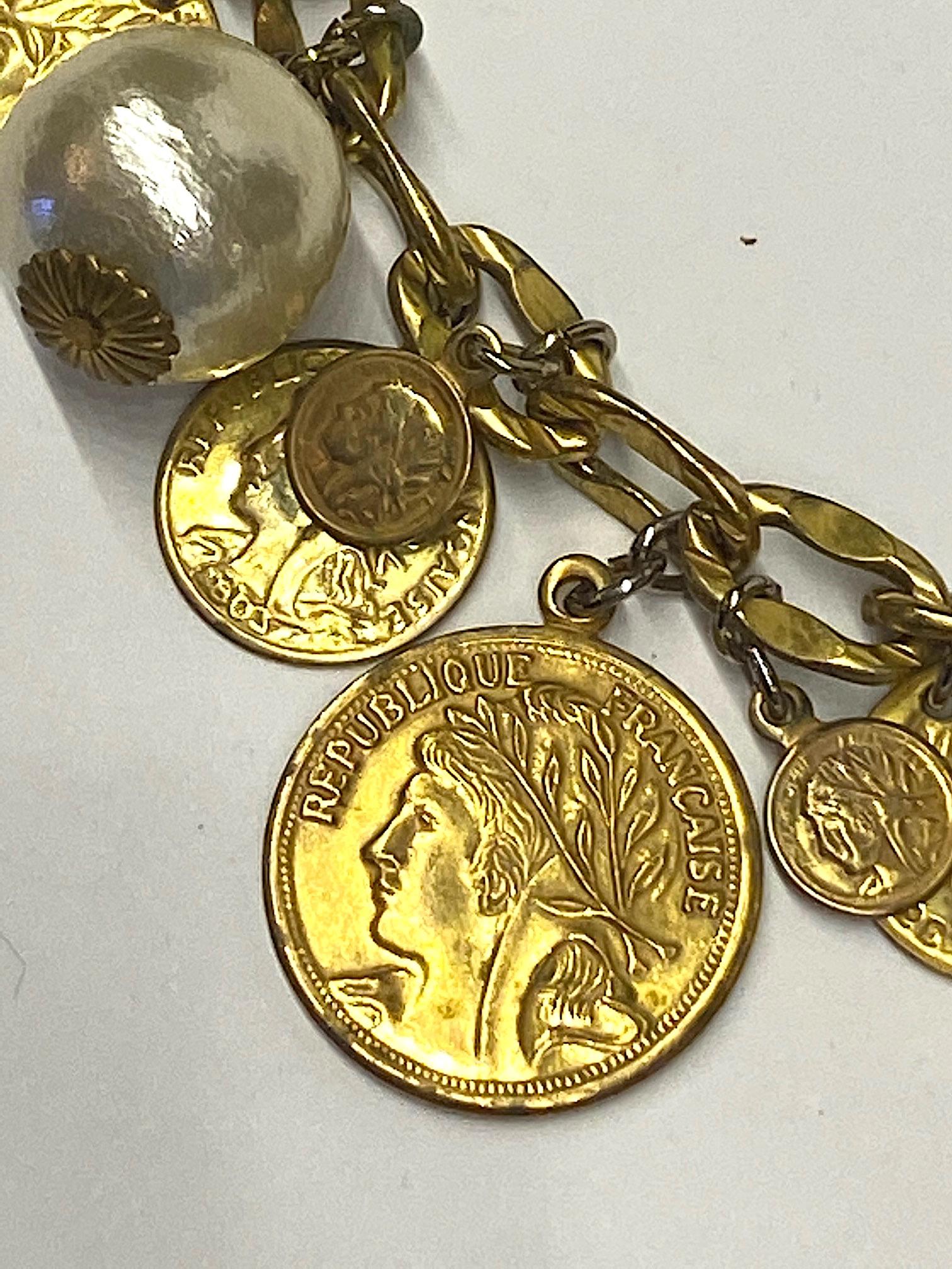 Miriam Haskell Large Pearl & French Coin Long Necklace 8