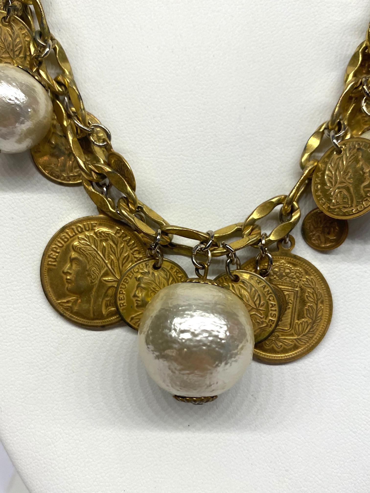 Ball Cut Miriam Haskell Large Pearl & French Coin Long Necklace