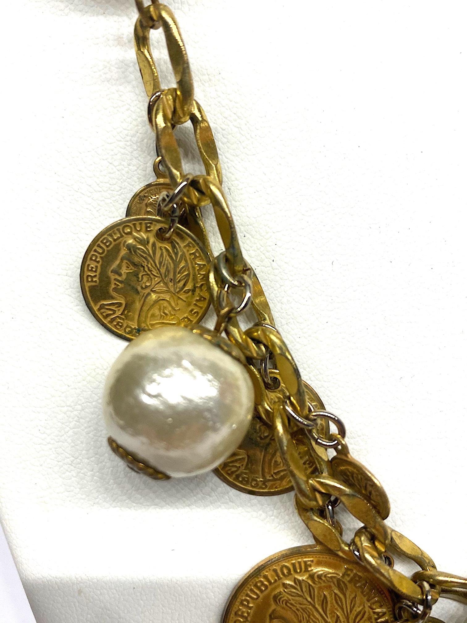 Miriam Haskell Large Pearl & French Coin Long Necklace In Good Condition In New York, NY