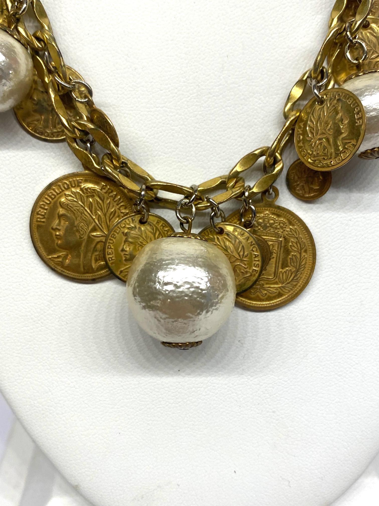 Miriam Haskell Large Pearl & French Coin Long Necklace 1