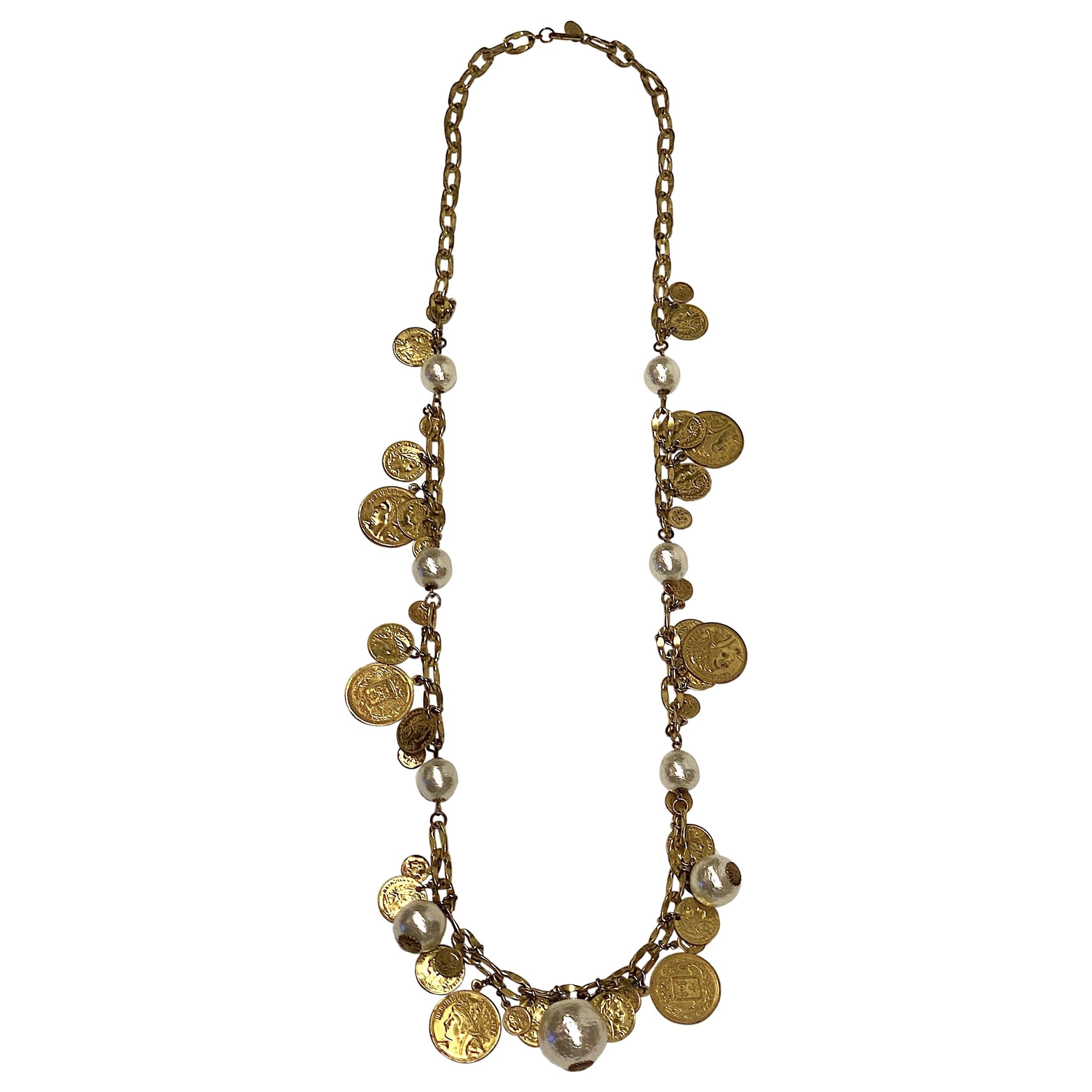 Miriam Haskell Large Pearl & French Coin Long Necklace