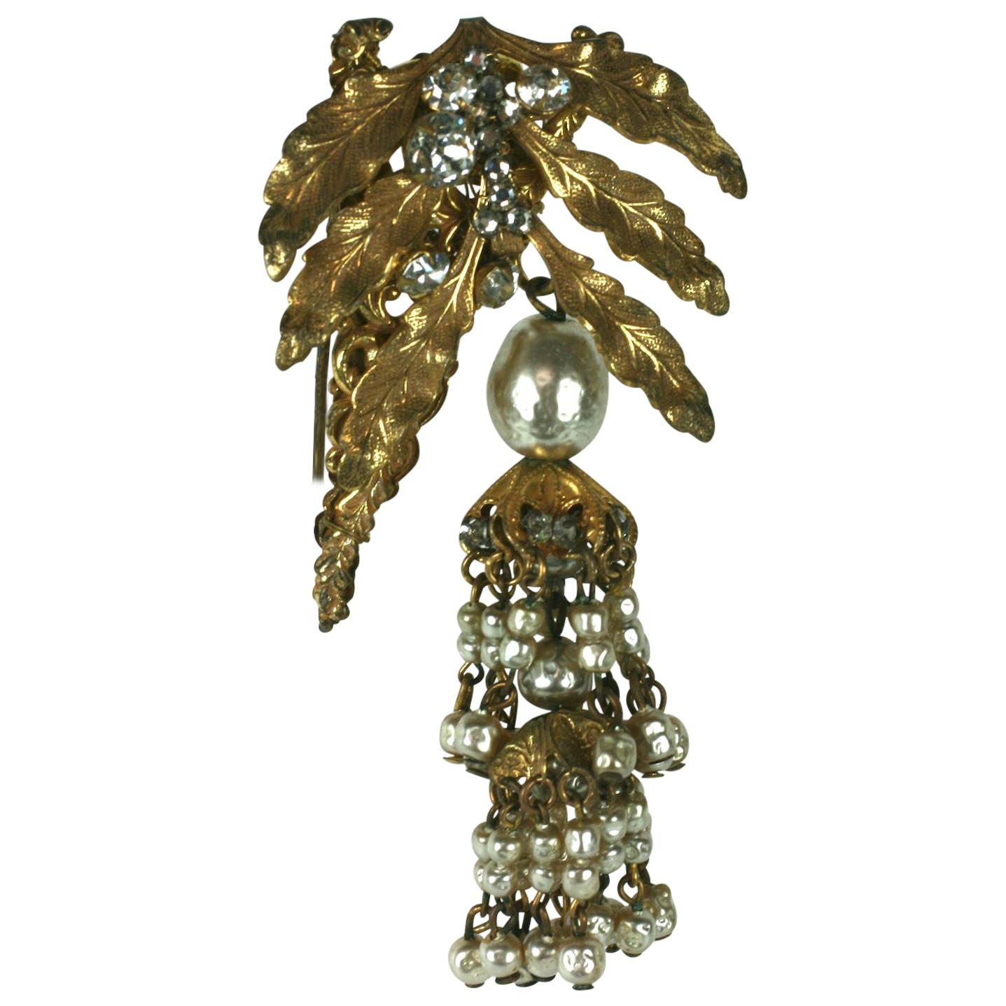 Miriam Haskell Leaf and Pearl Tassel Brooch For Sale