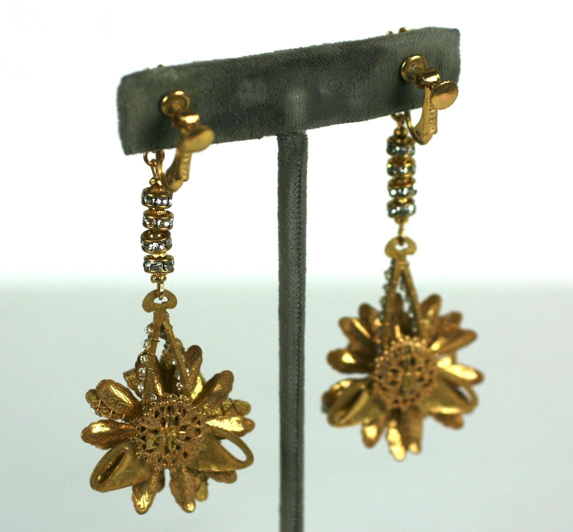 Victorian Miriam Haskell Long Flower Pendant Earclips For Sale