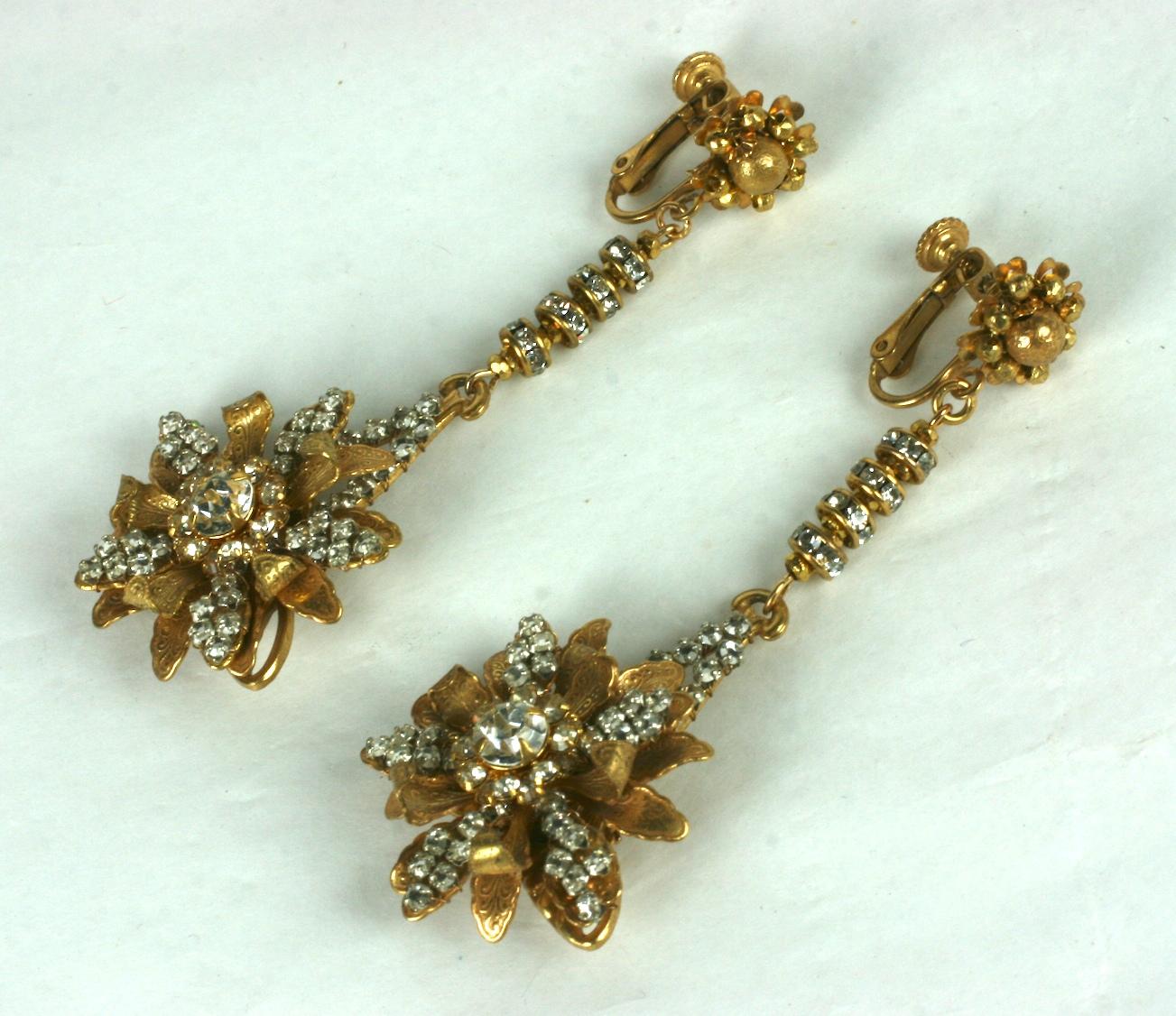 Miriam Haskell Long Flower Pendant Earclips In Excellent Condition For Sale In New York, NY