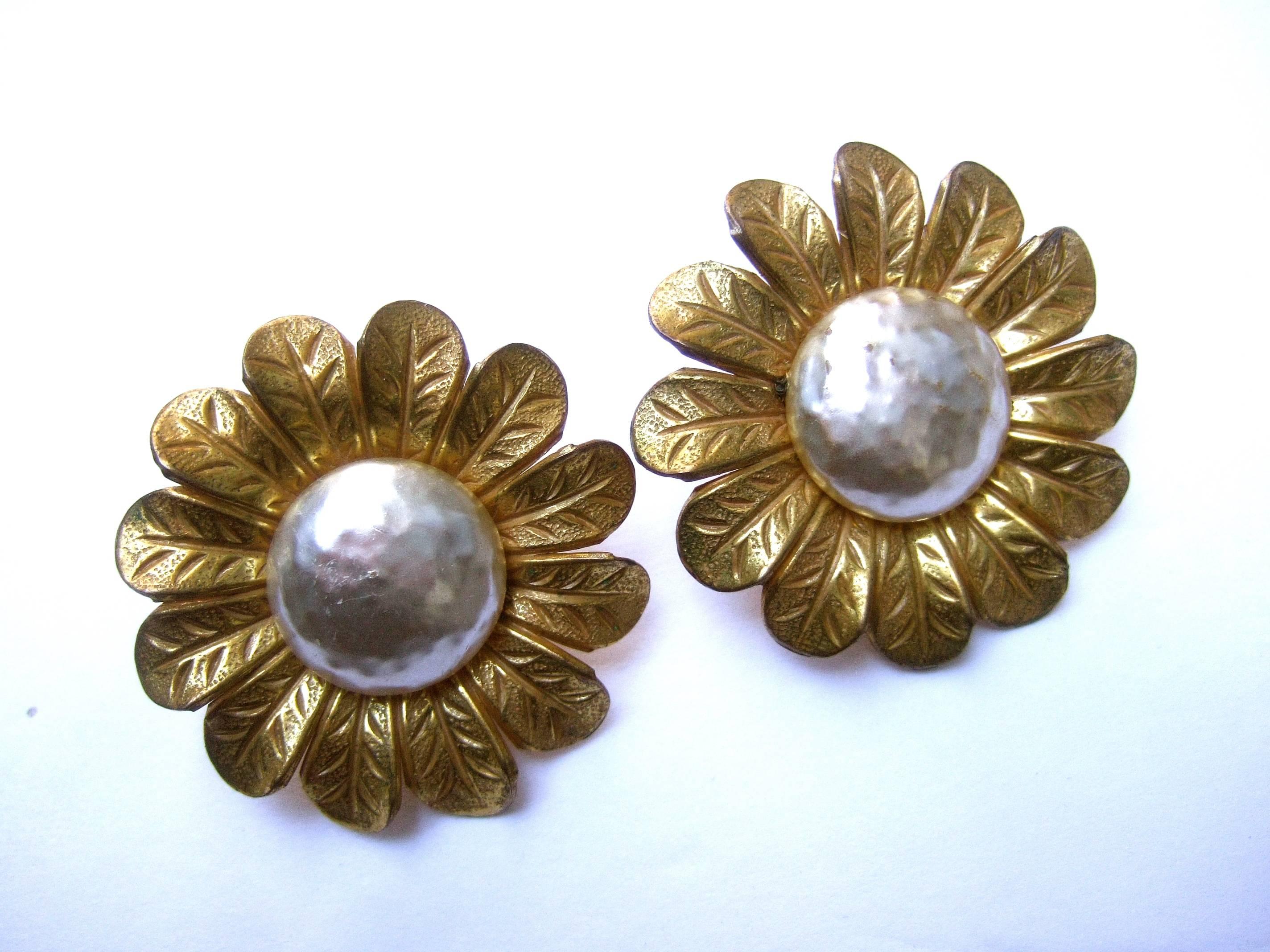 Miriam Haskell Massive Baroque Glass Pearl Sun Flower Earrings circa 1960 In Excellent Condition In University City, MO
