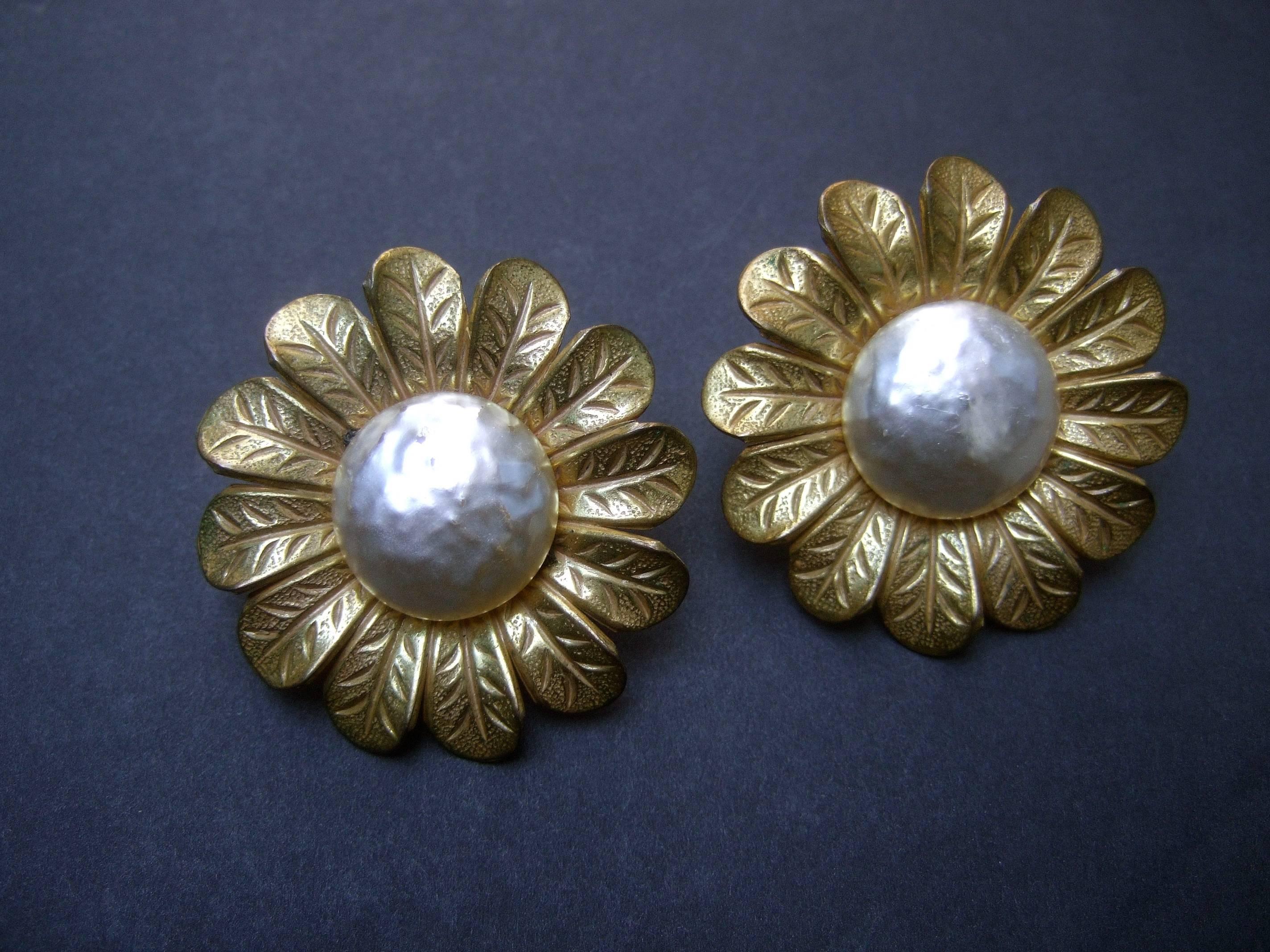 Women's Miriam Haskell Massive Baroque Glass Pearl Sun Flower Earrings circa 1960