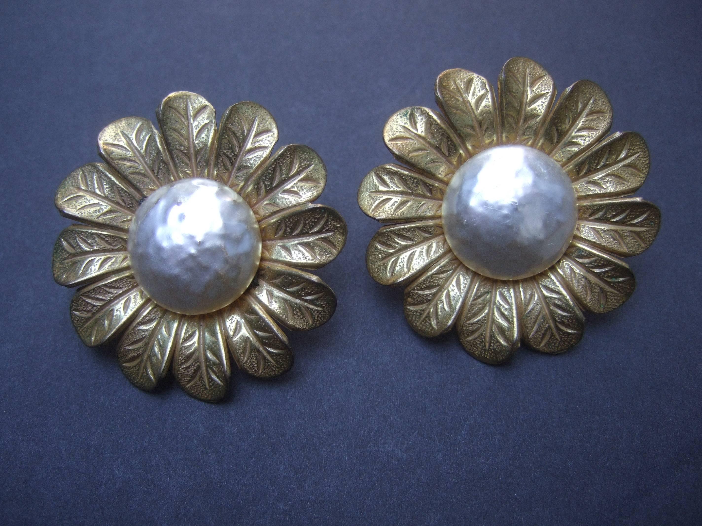 Miriam Haskell Massive Baroque Glass Pearl Sun Flower Earrings circa 1960 1
