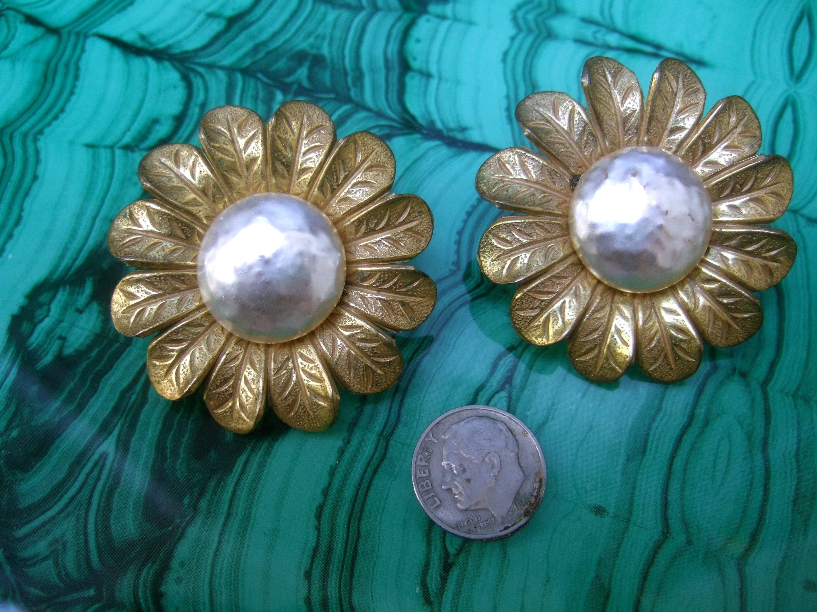 Miriam Haskell Massive Baroque Glass Pearl Sun Flower Earrings circa 1960 2