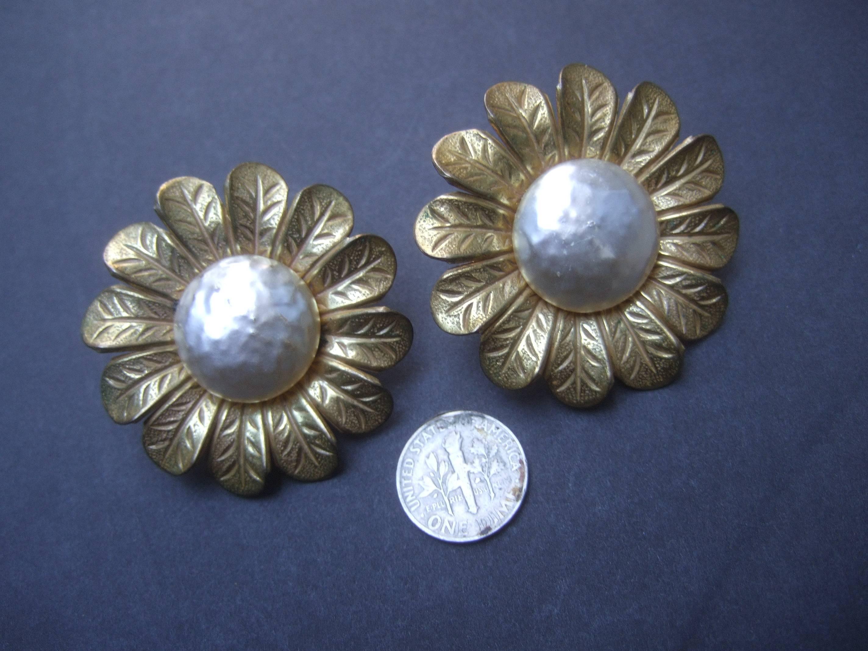 Miriam Haskell Massive Baroque Glass Pearl Sun Flower Earrings circa 1960 3