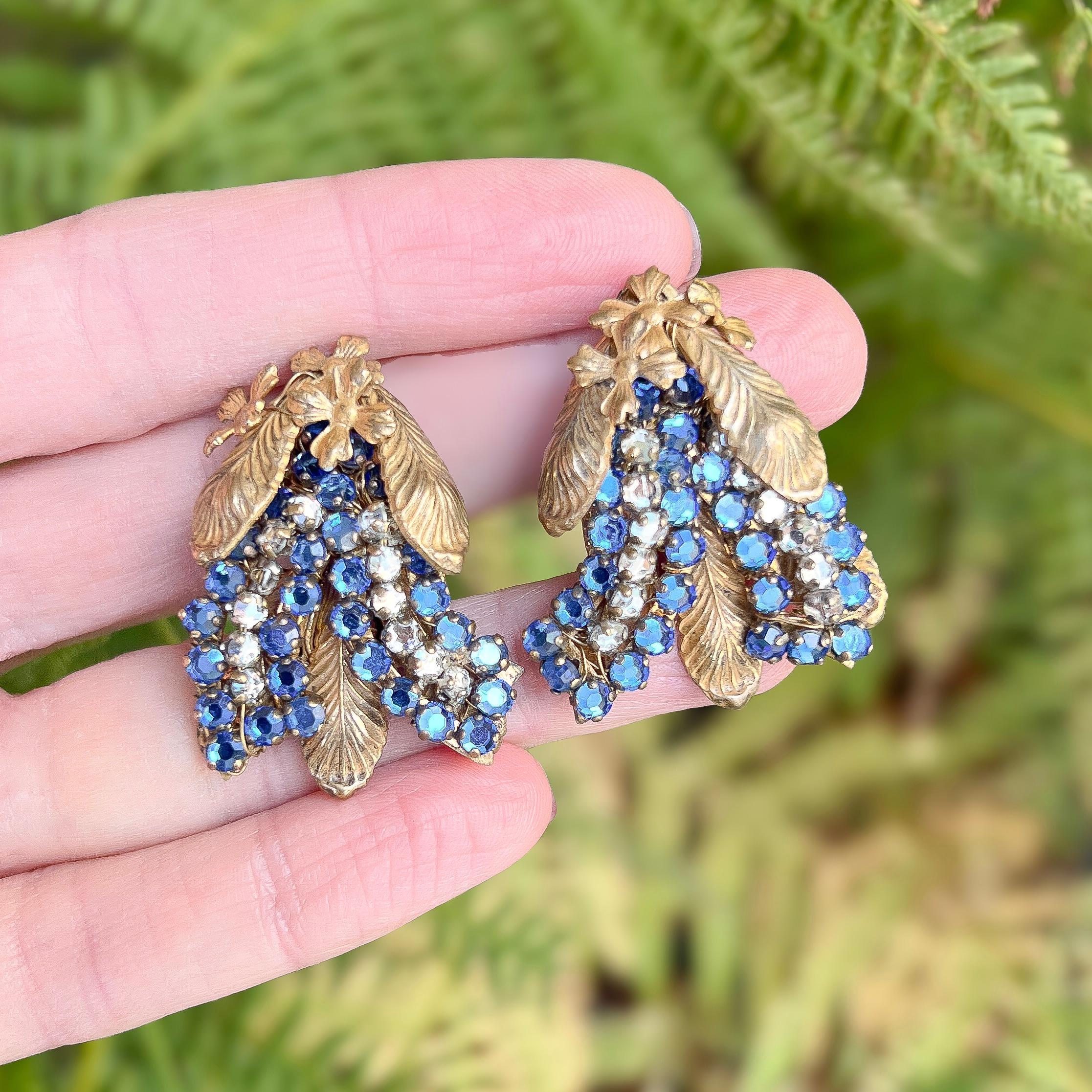 Miriam Haskell Mid-Century Floral Design Vintage Blue Rhinestone Earrings In Good Condition In Skelmersdale, GB