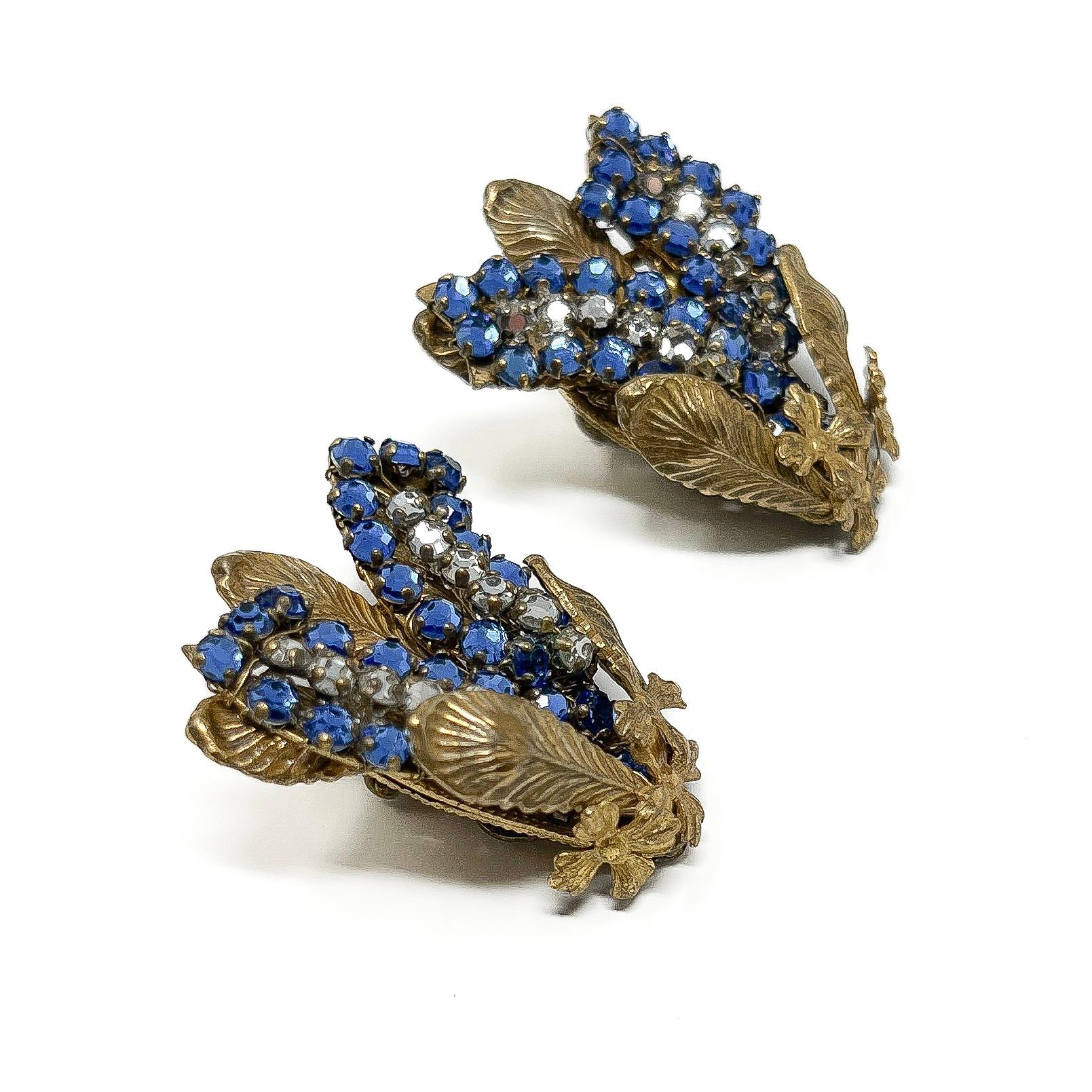 Miriam Haskell Mid-Century Floral Design Vintage Blue Rhinestone Earrings 1