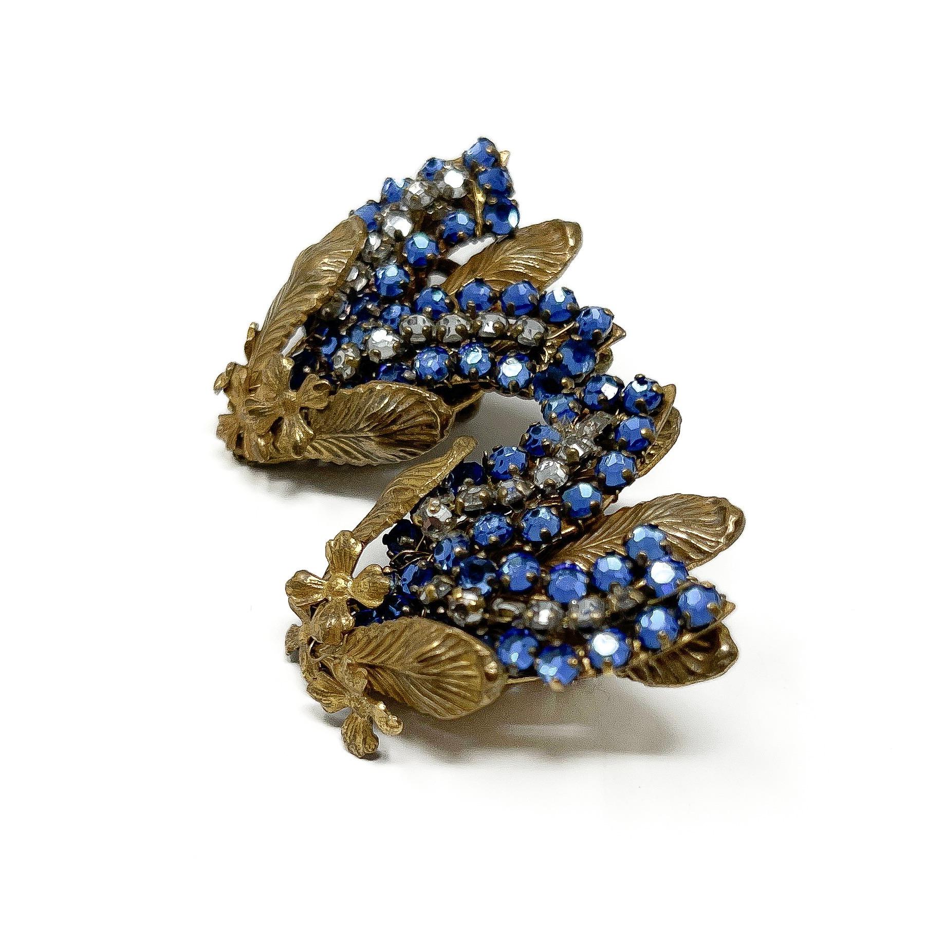 Miriam Haskell Mid-Century Floral Design Vintage Blue Rhinestone Earrings 2