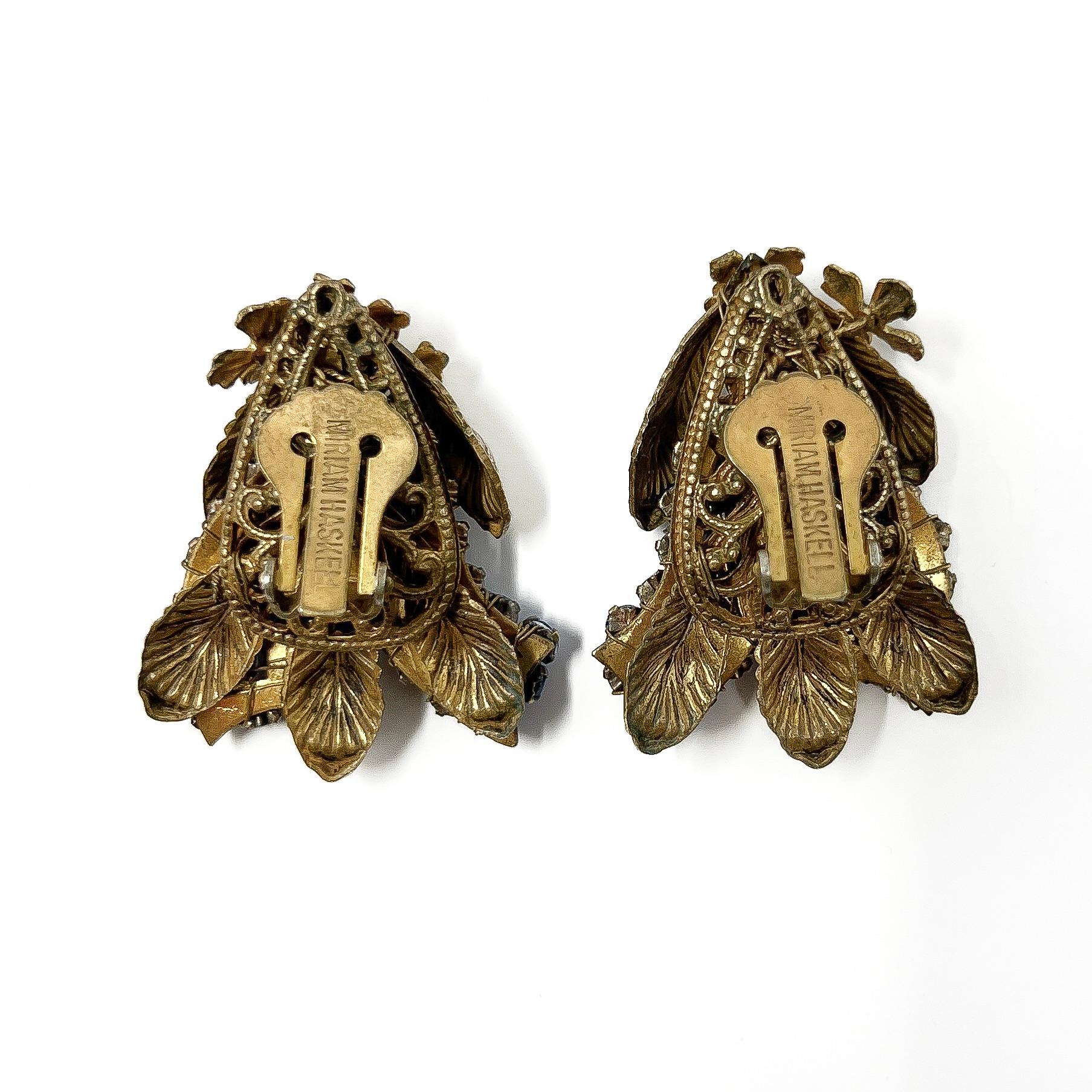 Miriam Haskell Mid-Century Floral Design Vintage Blue Rhinestone Earrings 3