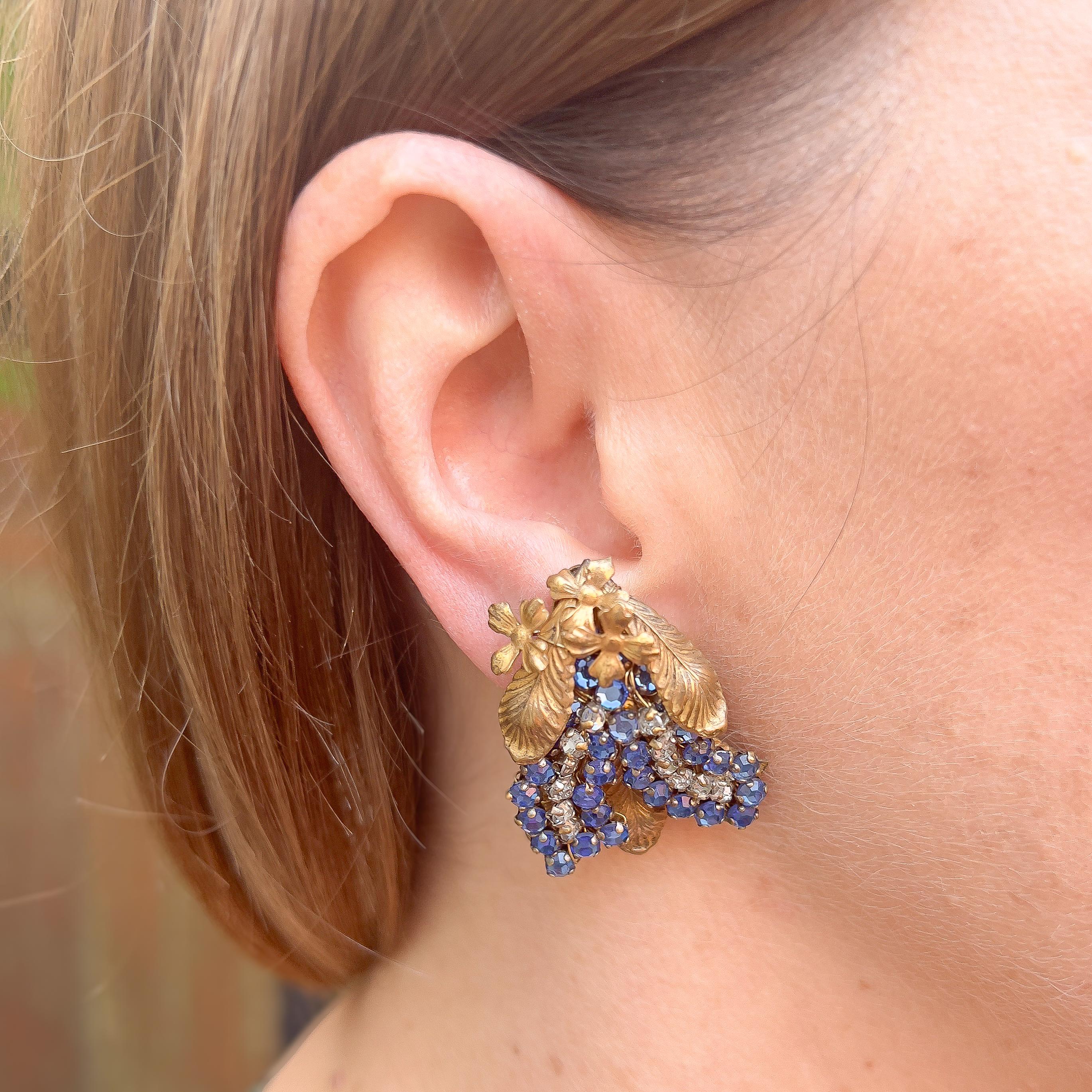 Miriam Haskell Mid-Century Floral Design Vintage Blue Rhinestone Earrings 4