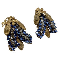 Miriam Haskell Mid-Century Floral Design Vintage Blue Rhinestone Earrings