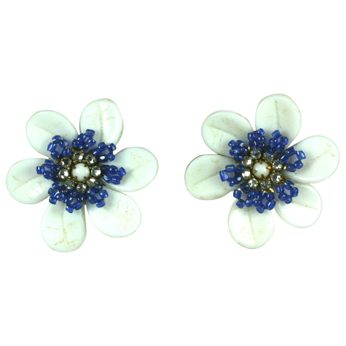 Miriam Haskell Milk Glass Flower Earrings For Sale