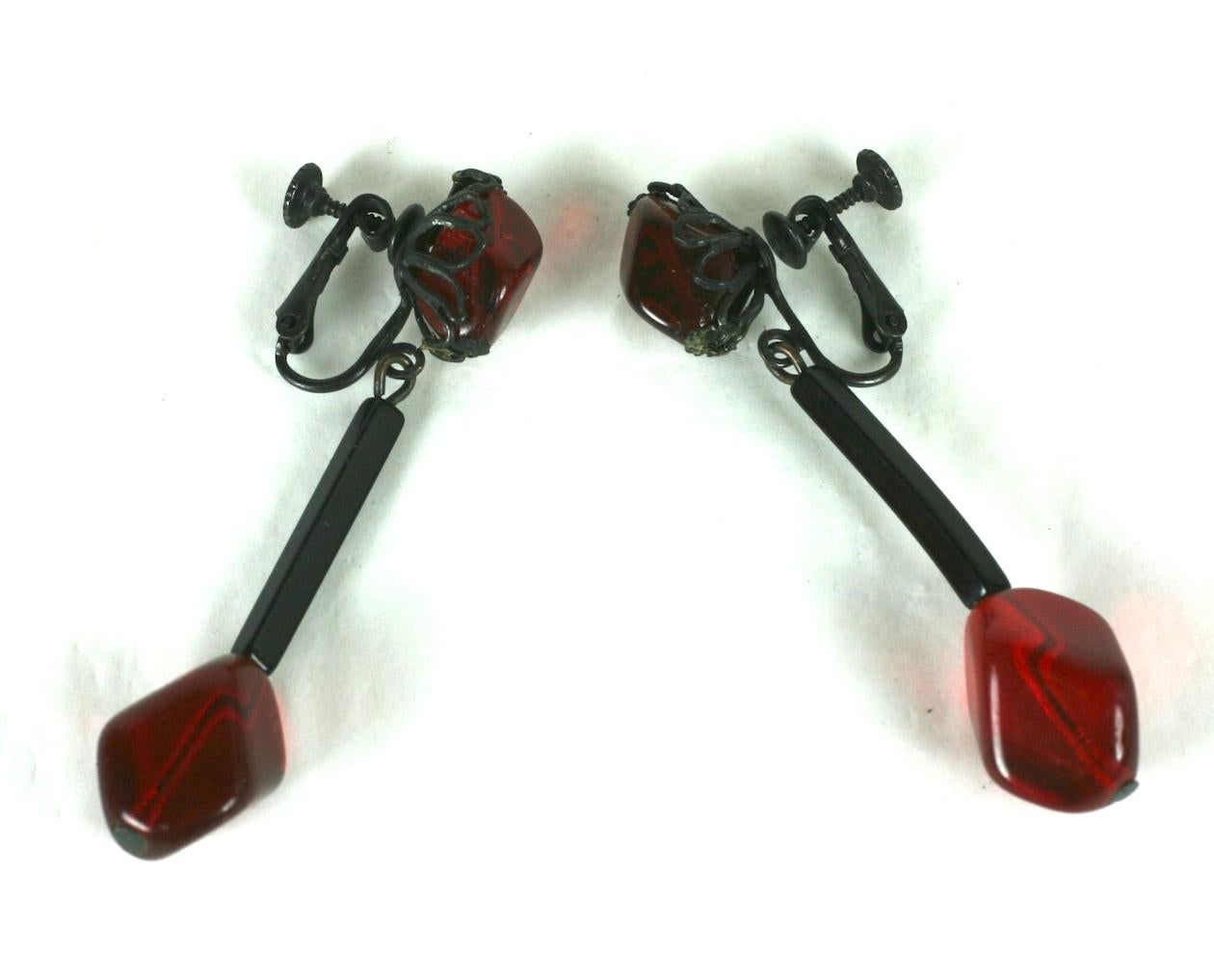 Women's Miriam Haskell  Modernist Ruby and Jet Long Earrings For Sale