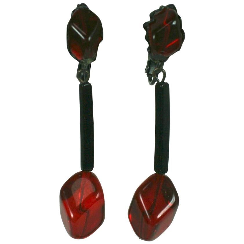 Miriam Haskell  Modernist Ruby and Jet Long Earrings For Sale