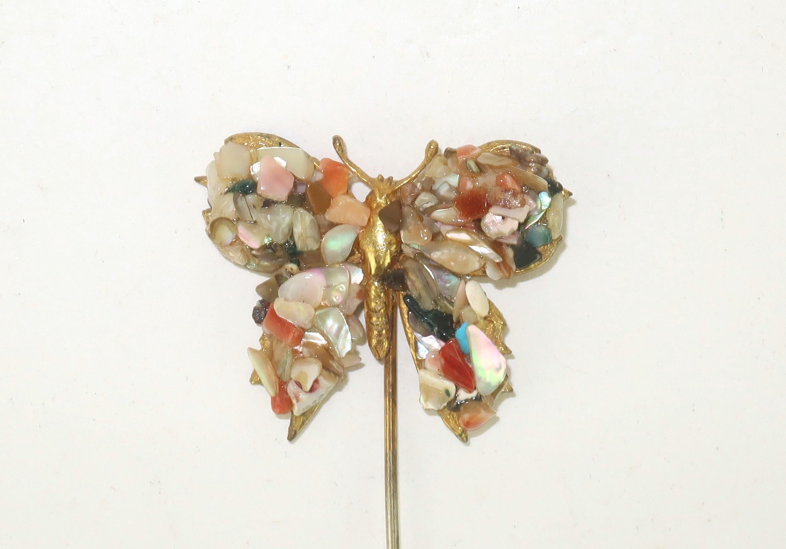 Rough Cut MIRIAM HASKELL Mosaic Butterfly Stick Pin Brooch, C.1950 For Sale