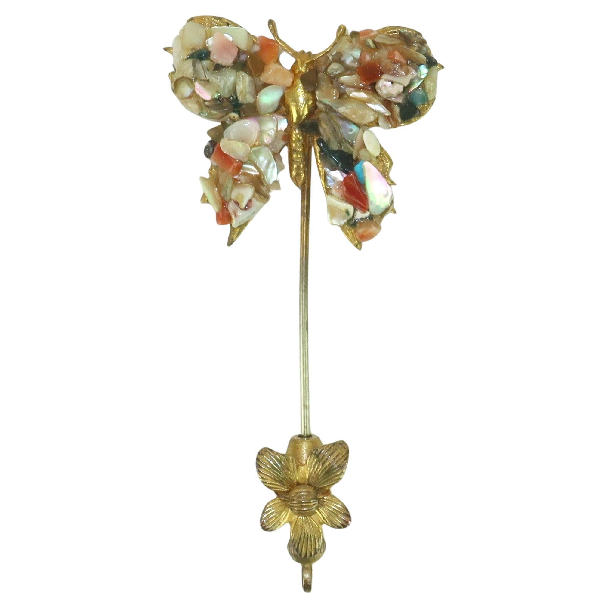 MIRIAM HASKELL Mosaic Butterfly Stick Pin Brooch, C.1950
