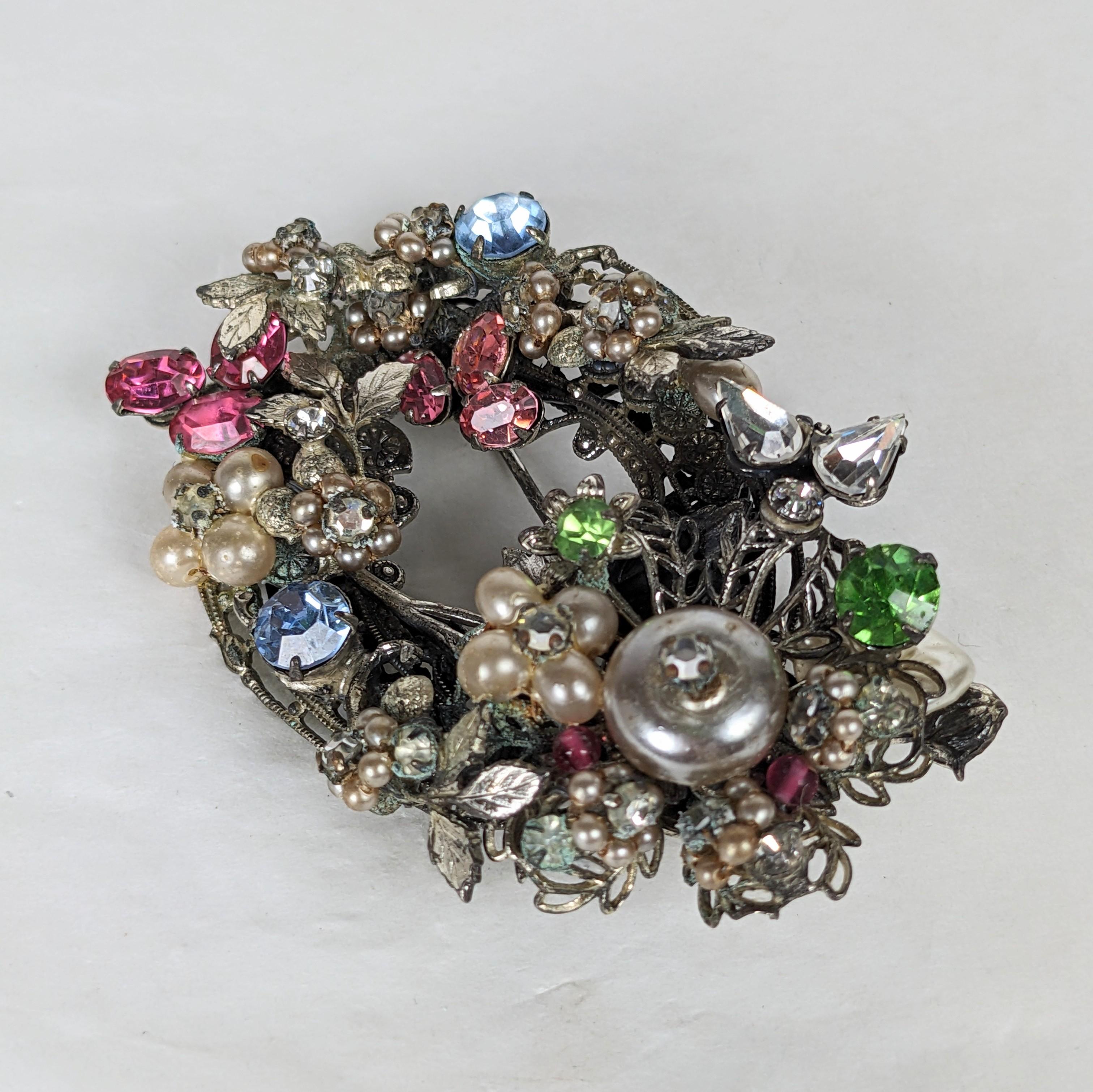 Art Deco Miriam Haskell Multi Crystal and Faux Pearl Brooch For Sale