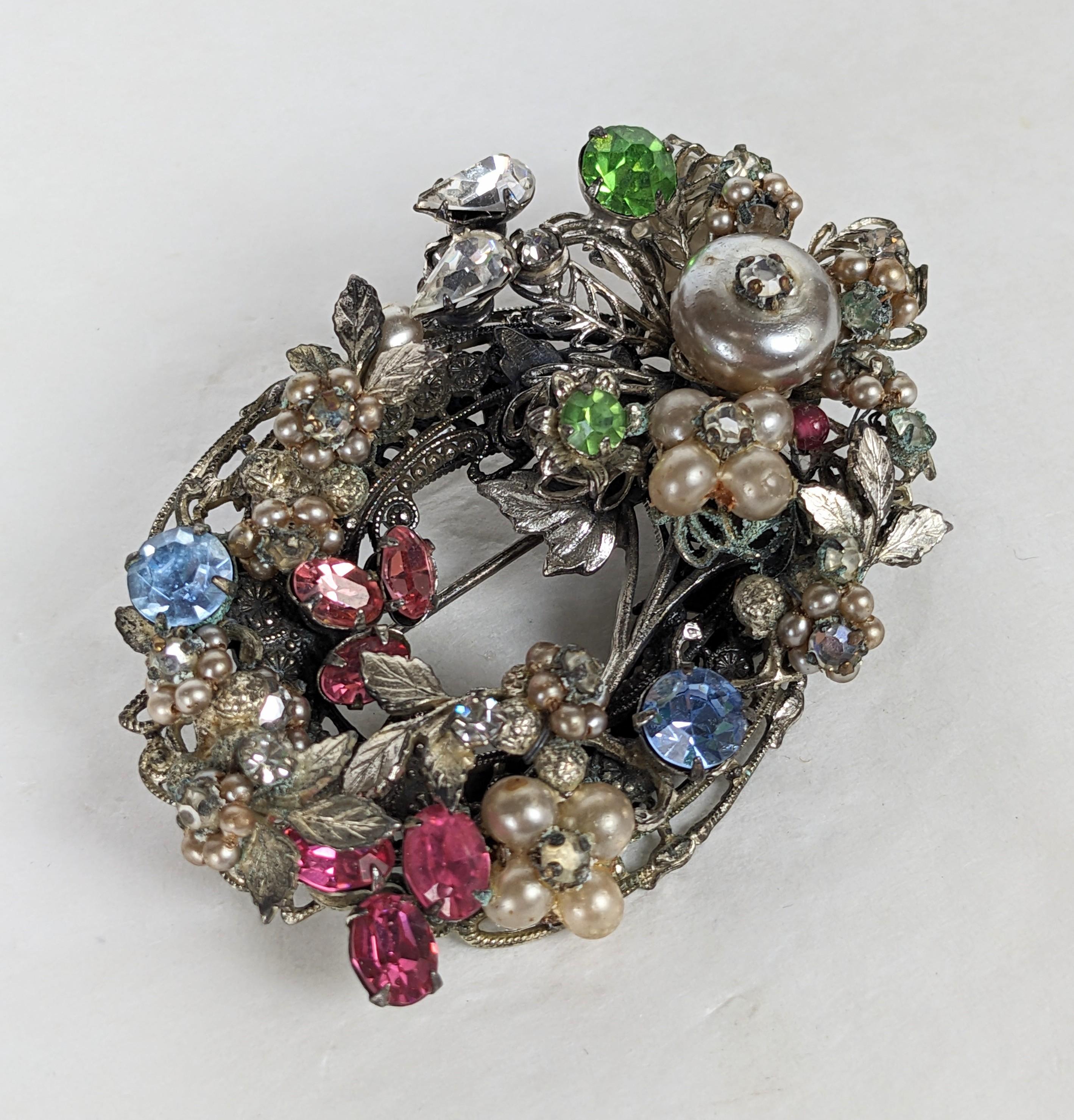 Miriam Haskell Multi Crystal and Faux Pearl Brooch In Good Condition For Sale In New York, NY
