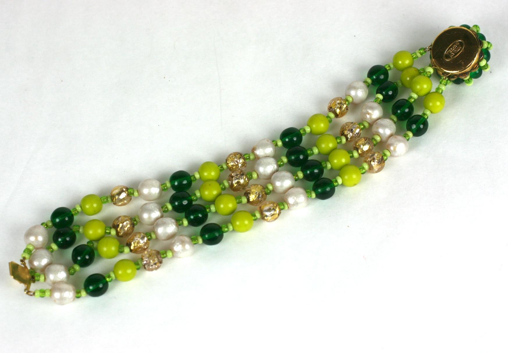 Miriam Haskell Multistrand Green and Pearl Bracelet In Excellent Condition For Sale In New York, NY