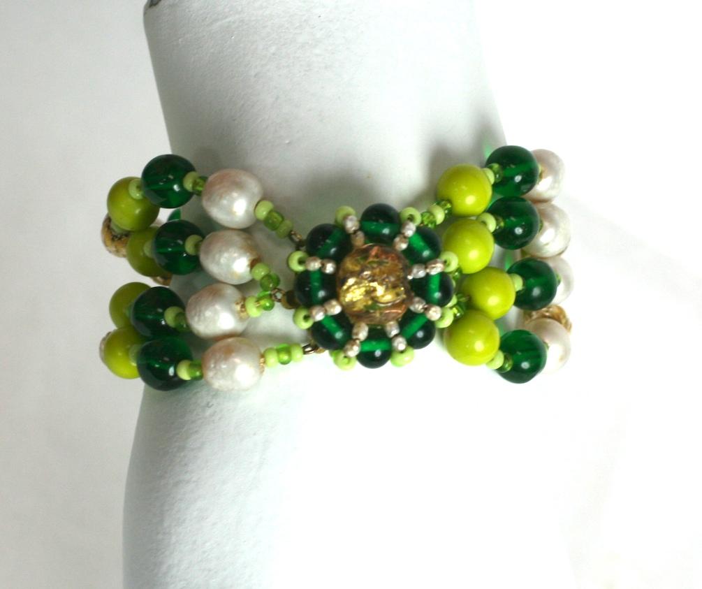 Miriam Haskell Multistrand Green and Pearl Bracelet For Sale 2