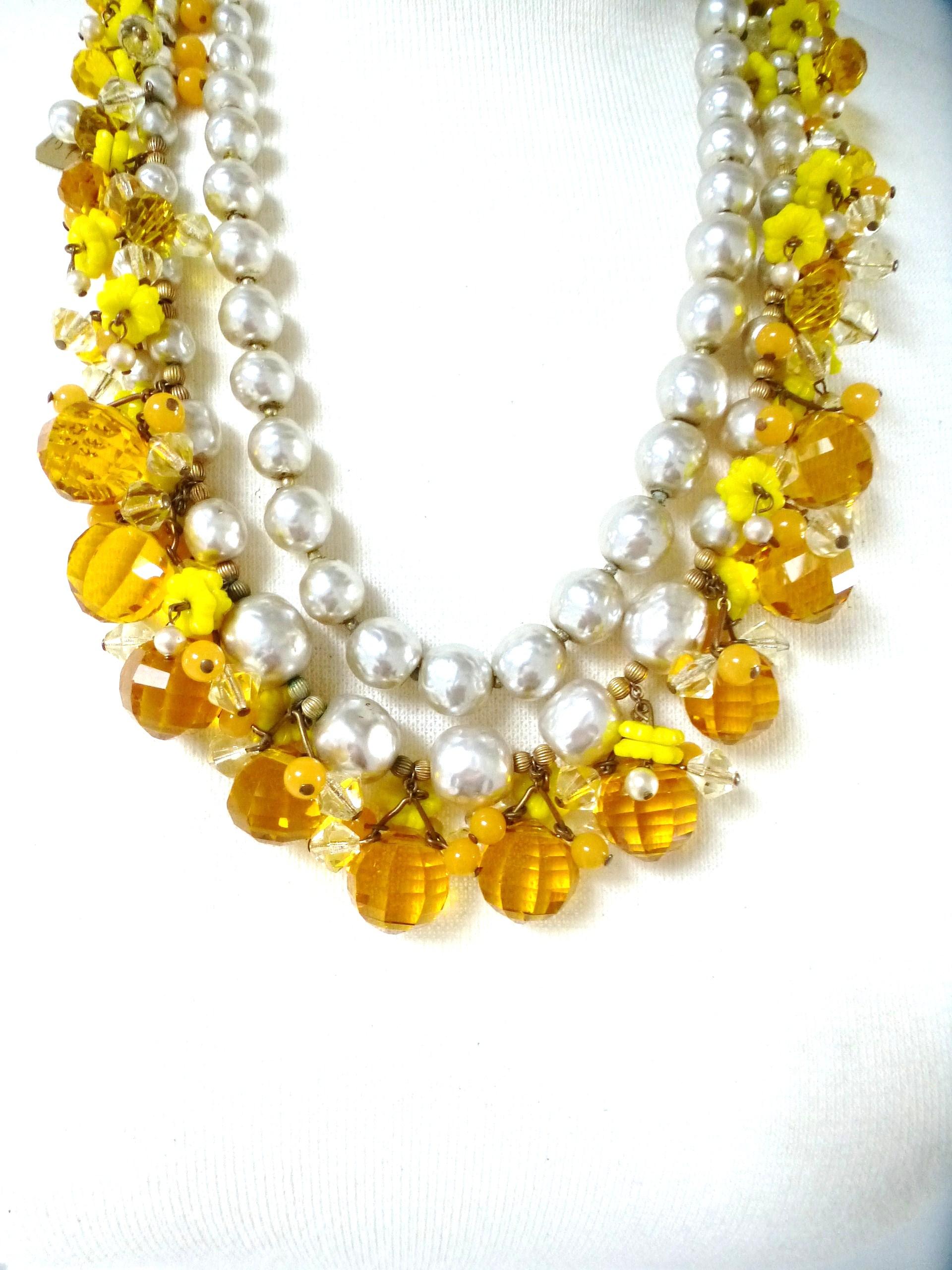 Ball Cut MIRIAM HASKELL necklace book piece 1950s with many cut yellow glass balls For Sale