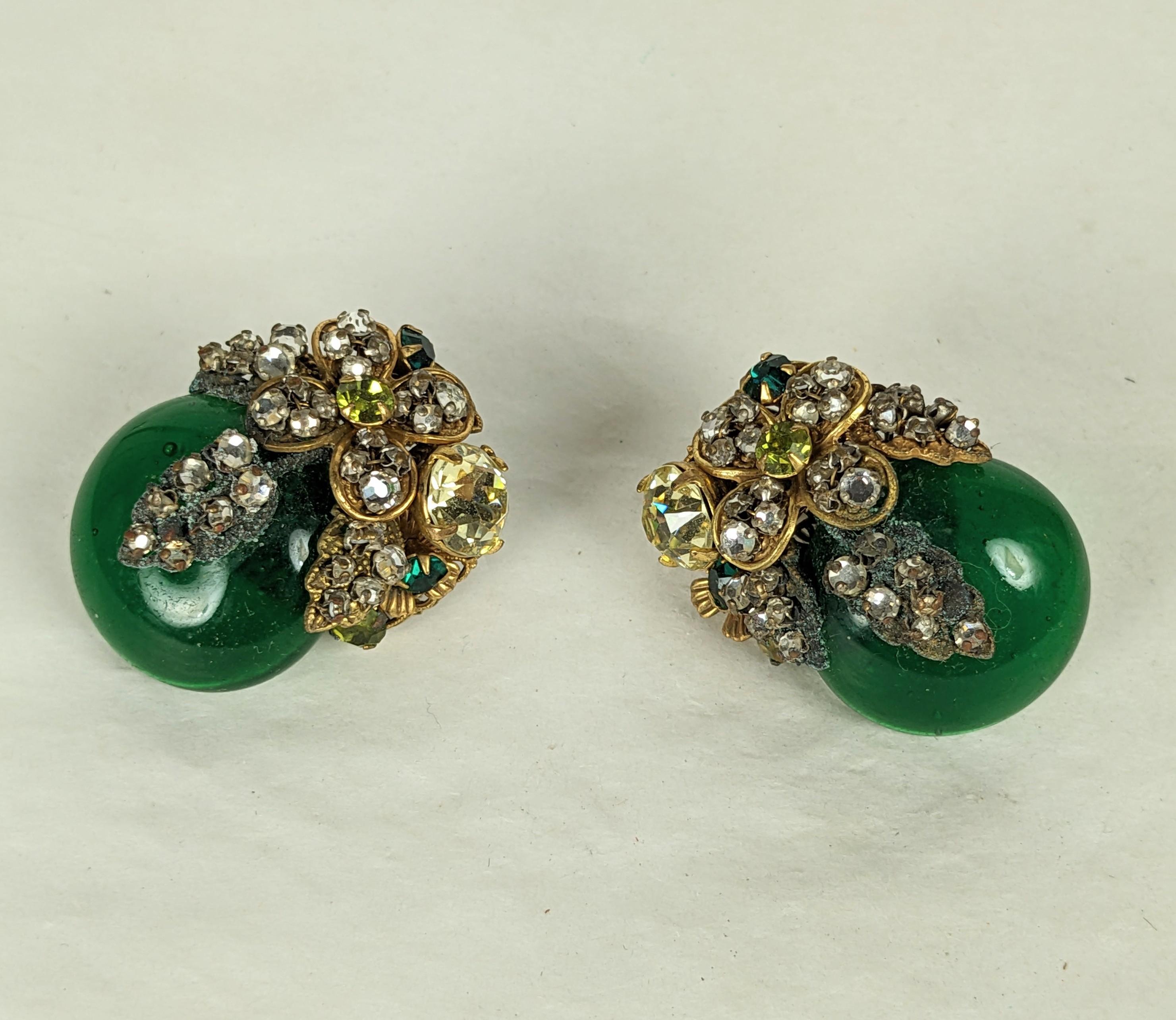 Retro Miriam Haskell Ornate Emerald Gripoix Glass Earrings For Sale