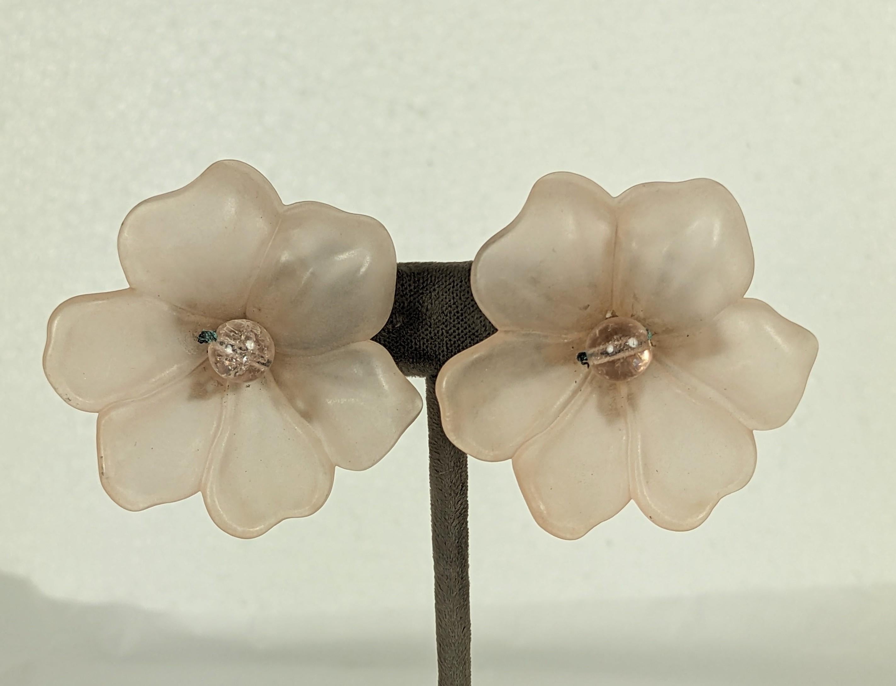 Striking Miriam Haskell Pale Pink Flower Earrings of molded resin with pate de verre bead centers. Large in scale but not heavy. 1980's USA. Adjustable clip fittings.  1.75