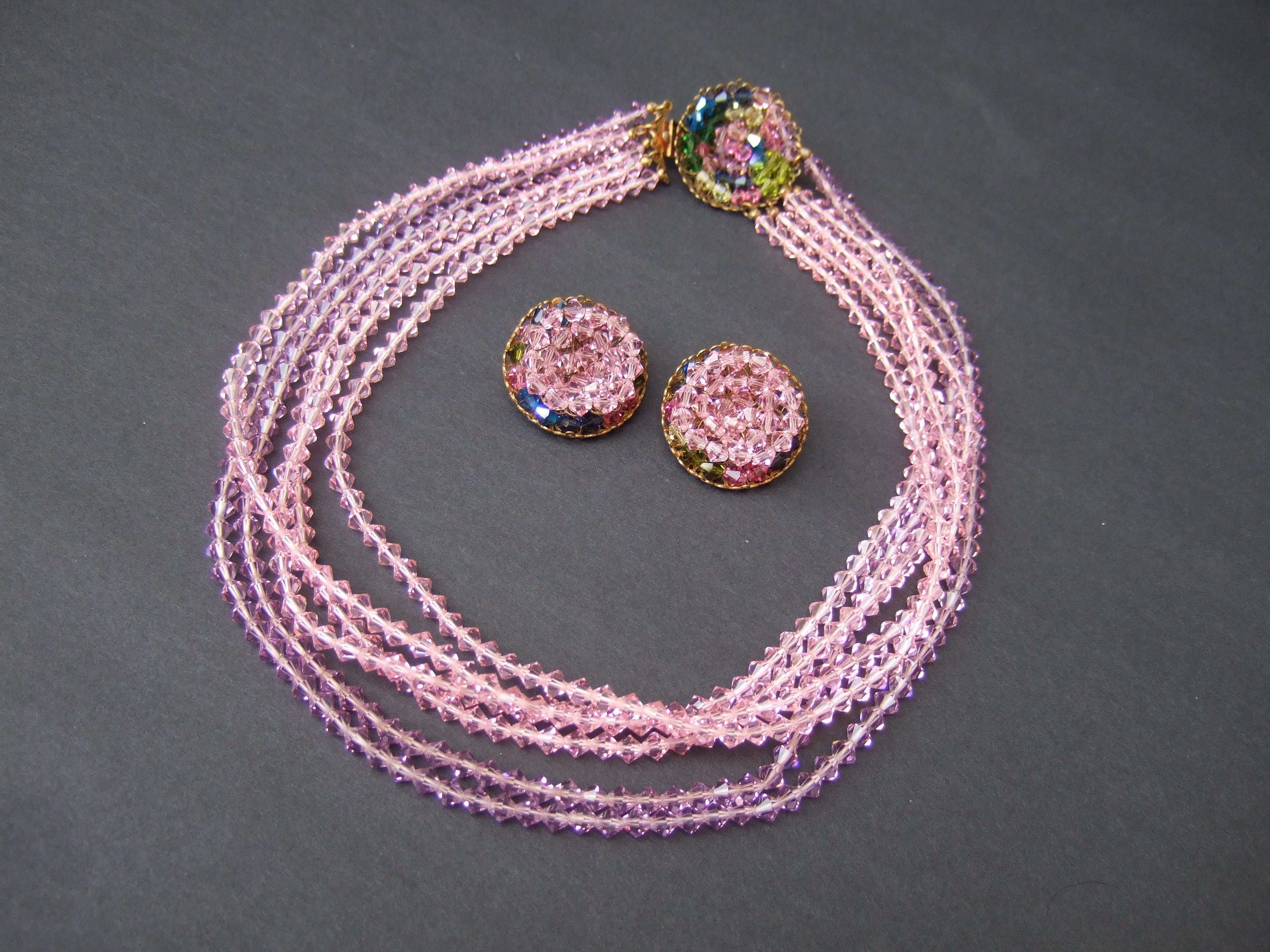 MIRIAM HASKELL Pastel Graduated Crystal Necklace & Earrings Set 1960 In Good Condition For Sale In University City, MO