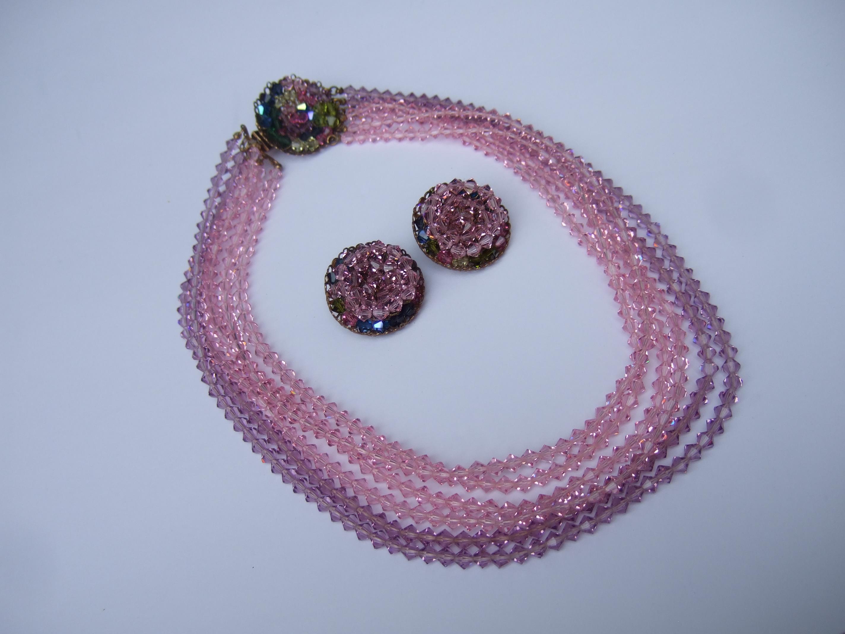 Women's MIRIAM HASKELL Pastel Graduated Crystal Necklace & Earrings Set 1960 For Sale