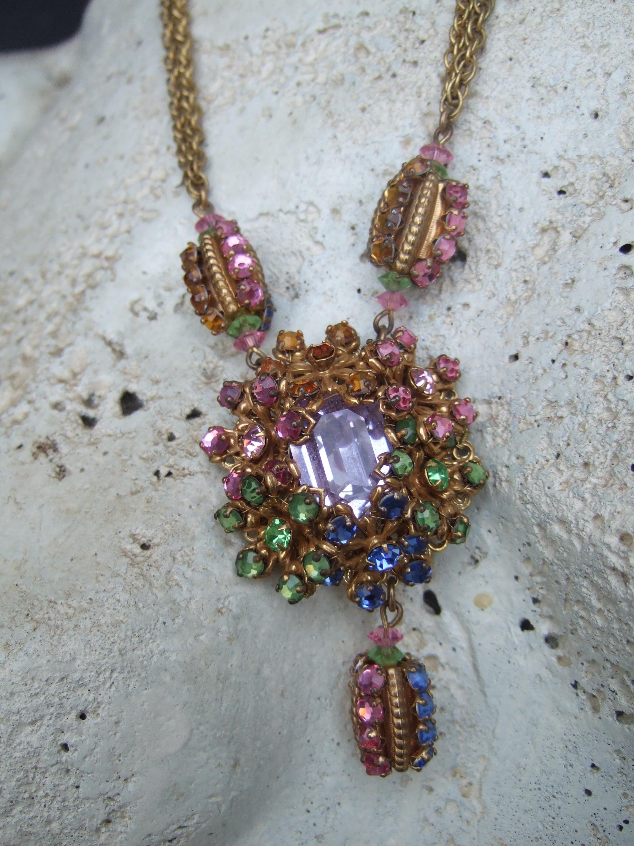 Miriam Haskell Pastel Glass Crystal Necklace & Dangle Clip on Earrings  c 1960 For Sale 7