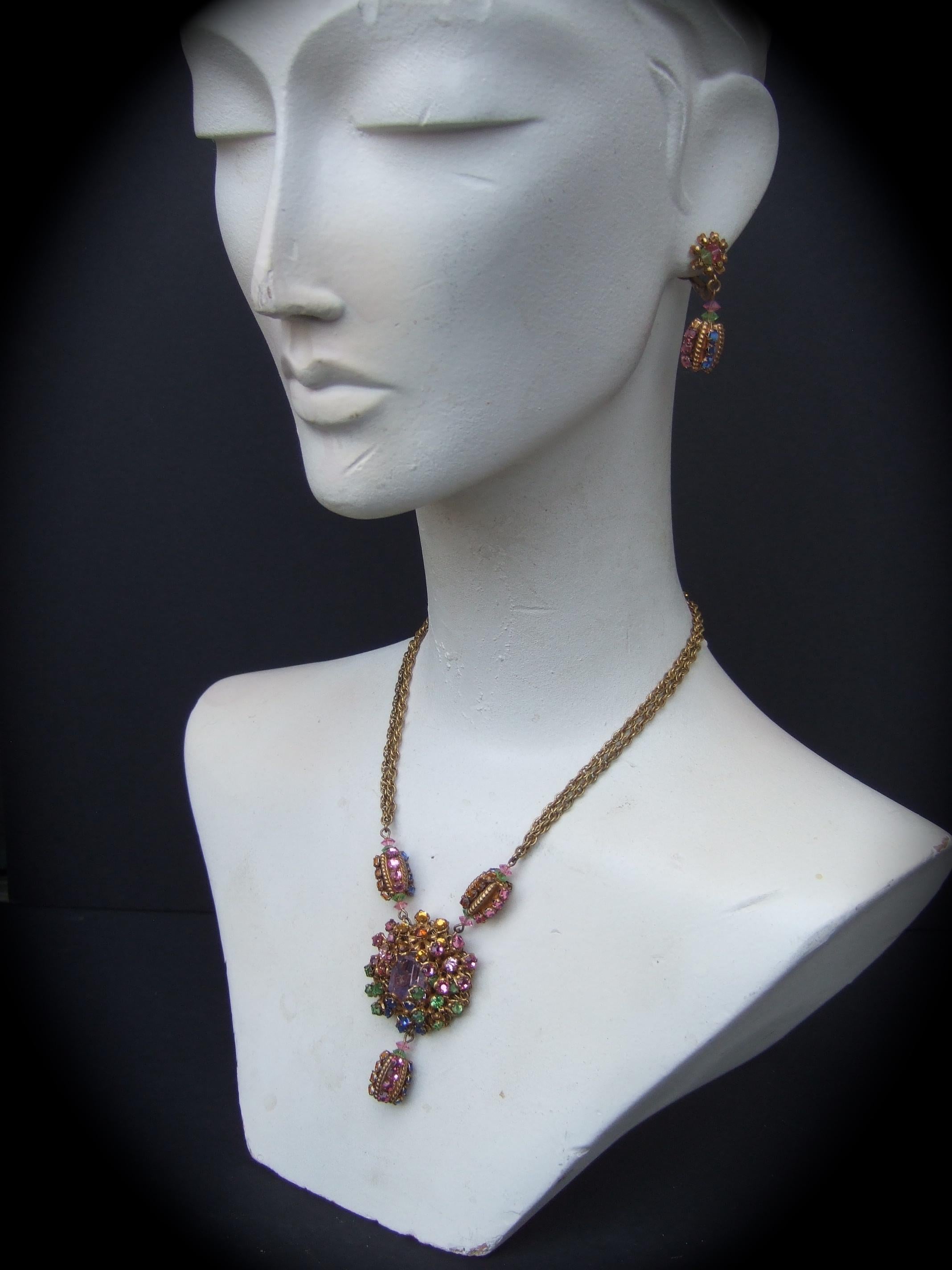 Miriam Haskell Pastel Glass Crystal Necklace & Dangle Clip on Earrings  c 1960 For Sale 9