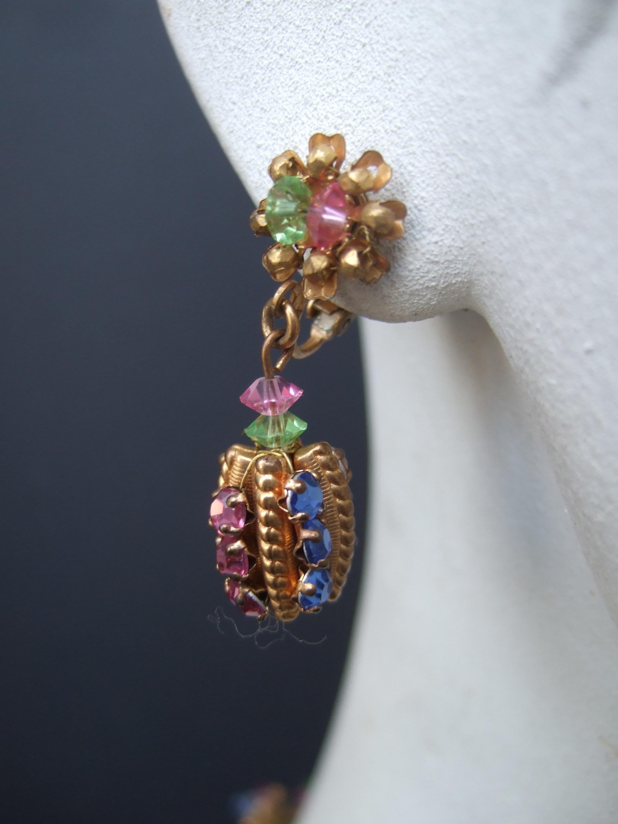 Miriam Haskell Pastel Glass Crystal Necklace & Dangle Clip on Earrings  c 1960 For Sale 3