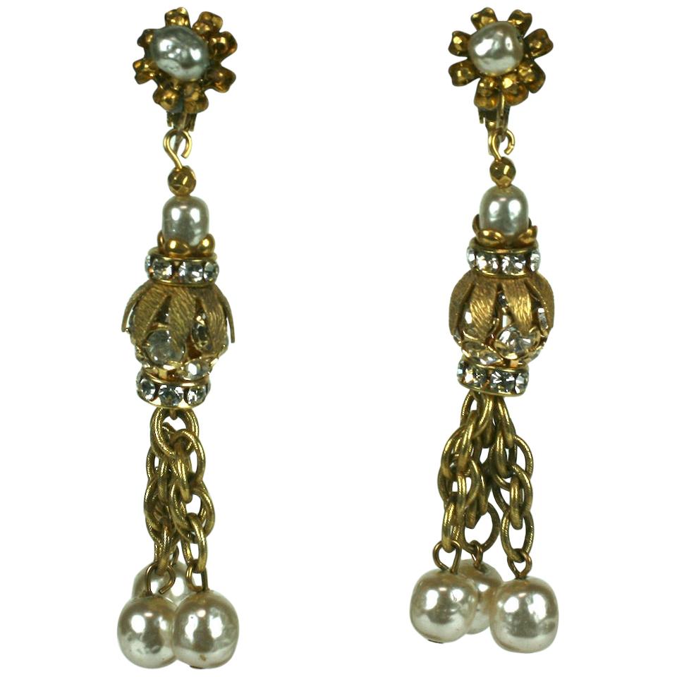 Miriam Haskell Pearl and Diamante Tassel Earclips