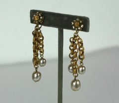 Miriam Haskell Pearl and Gilt Chain Chandelier Ear clips