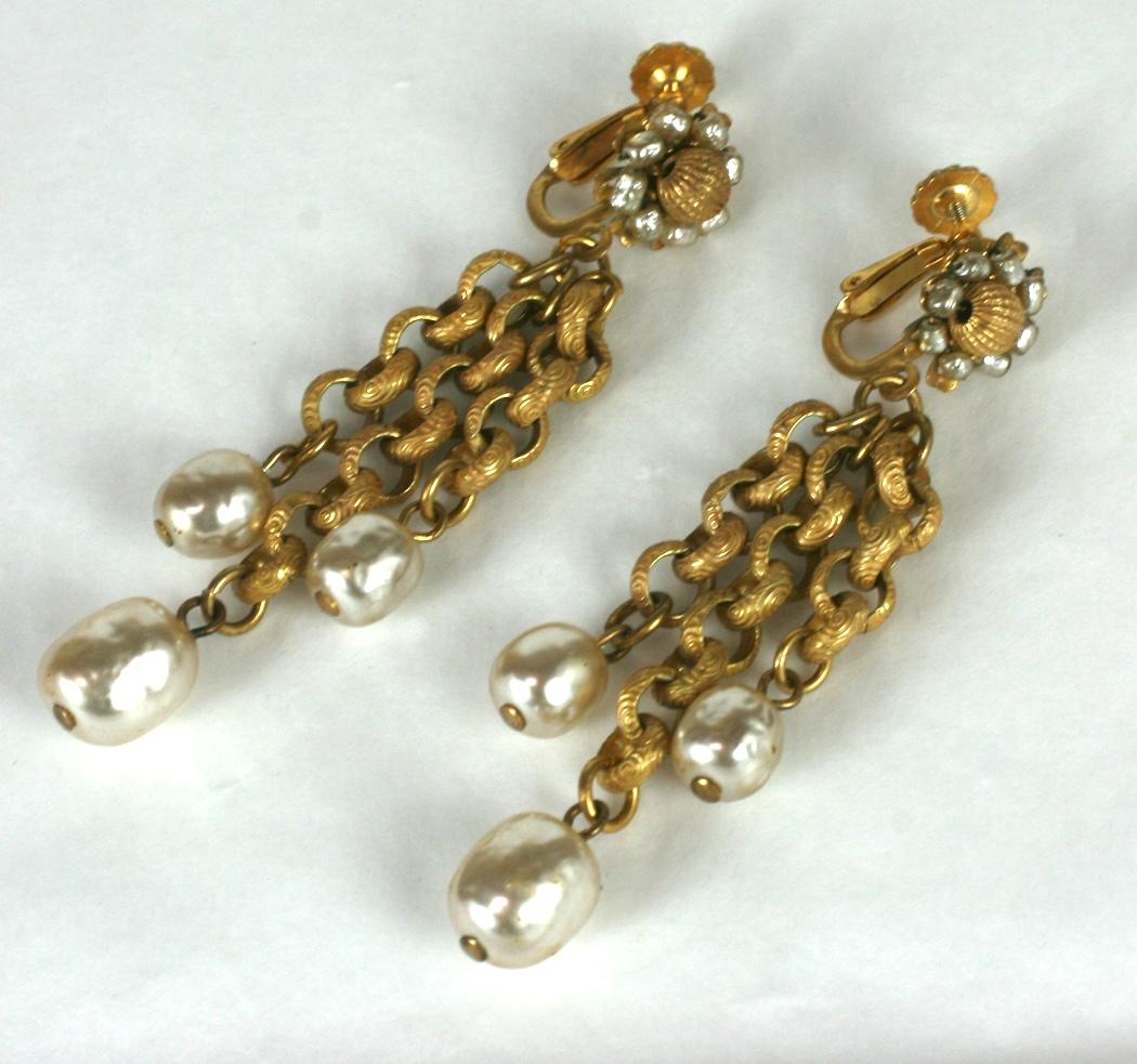 Miriam Haskell Pearl and Gilt Chain Chandelier Ear clips In Excellent Condition For Sale In New York, NY