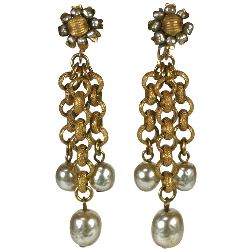 Miriam Haskell Pearl and Gilt Chain Chandelier Ear clips For Sale