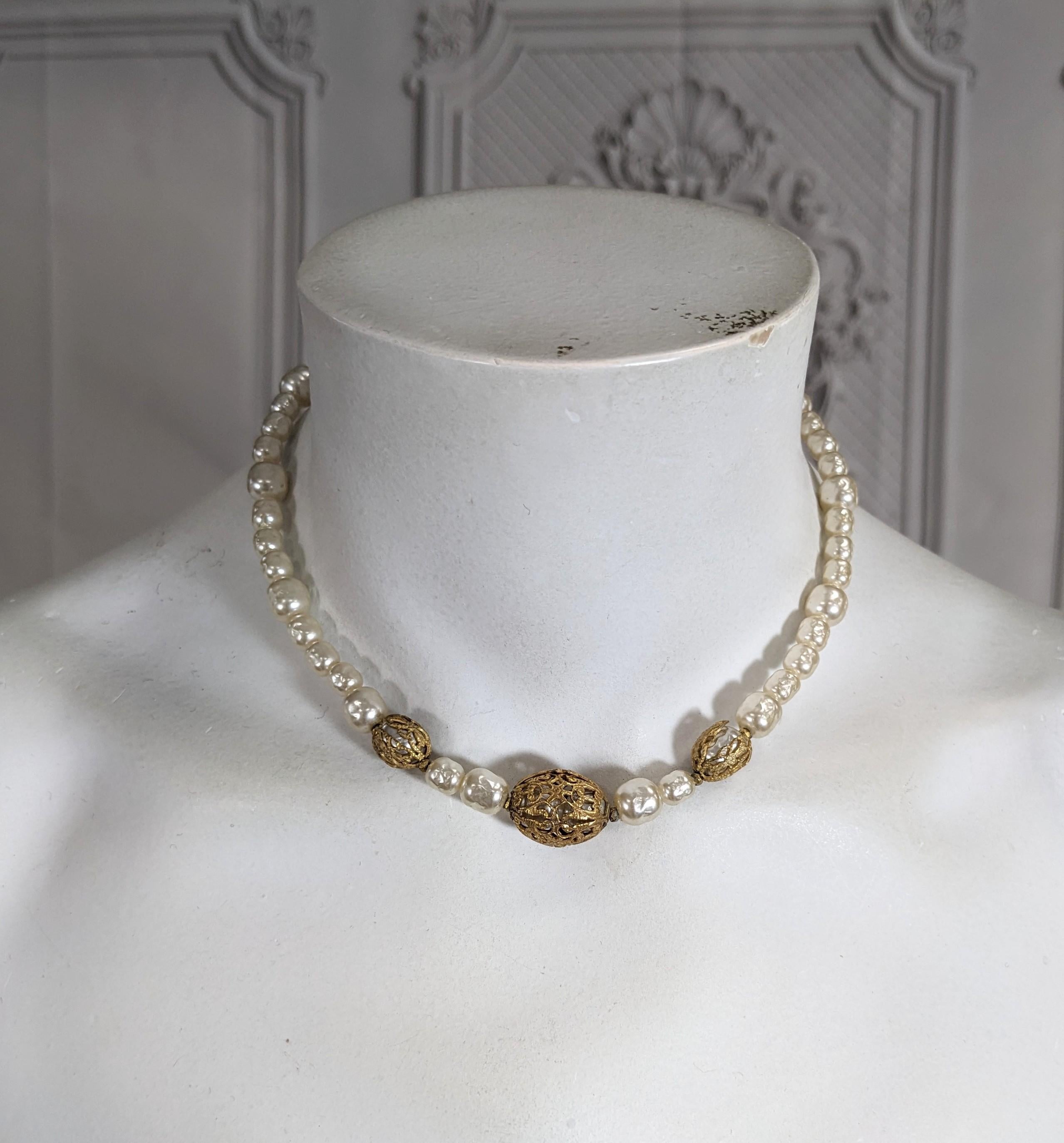 Miriam Haskell Pearl and Gilt Filigree Necklace In Excellent Condition For Sale In New York, NY