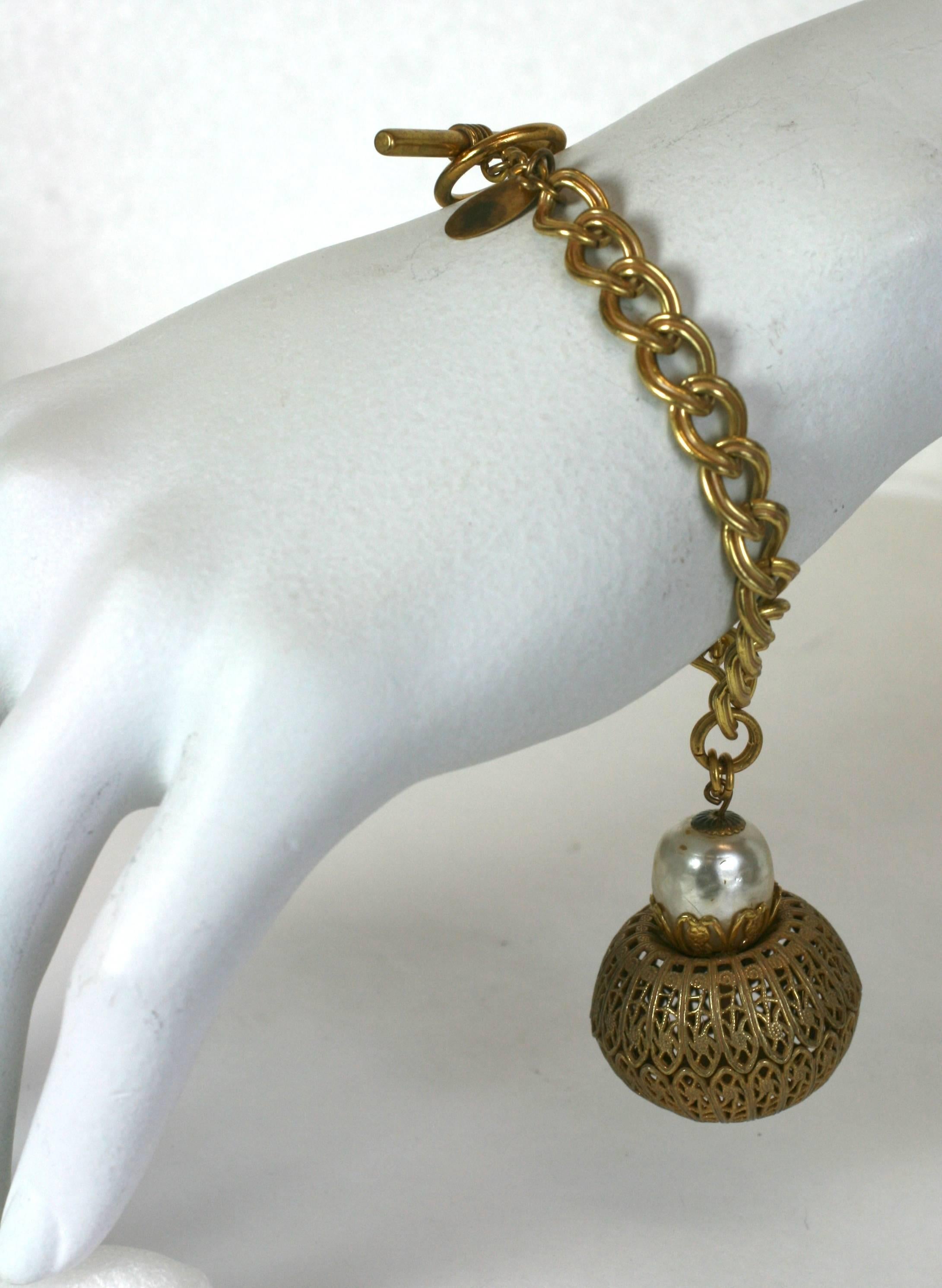 Women's Miriam Haskell Pearl and Gilt Fob Bracelet For Sale