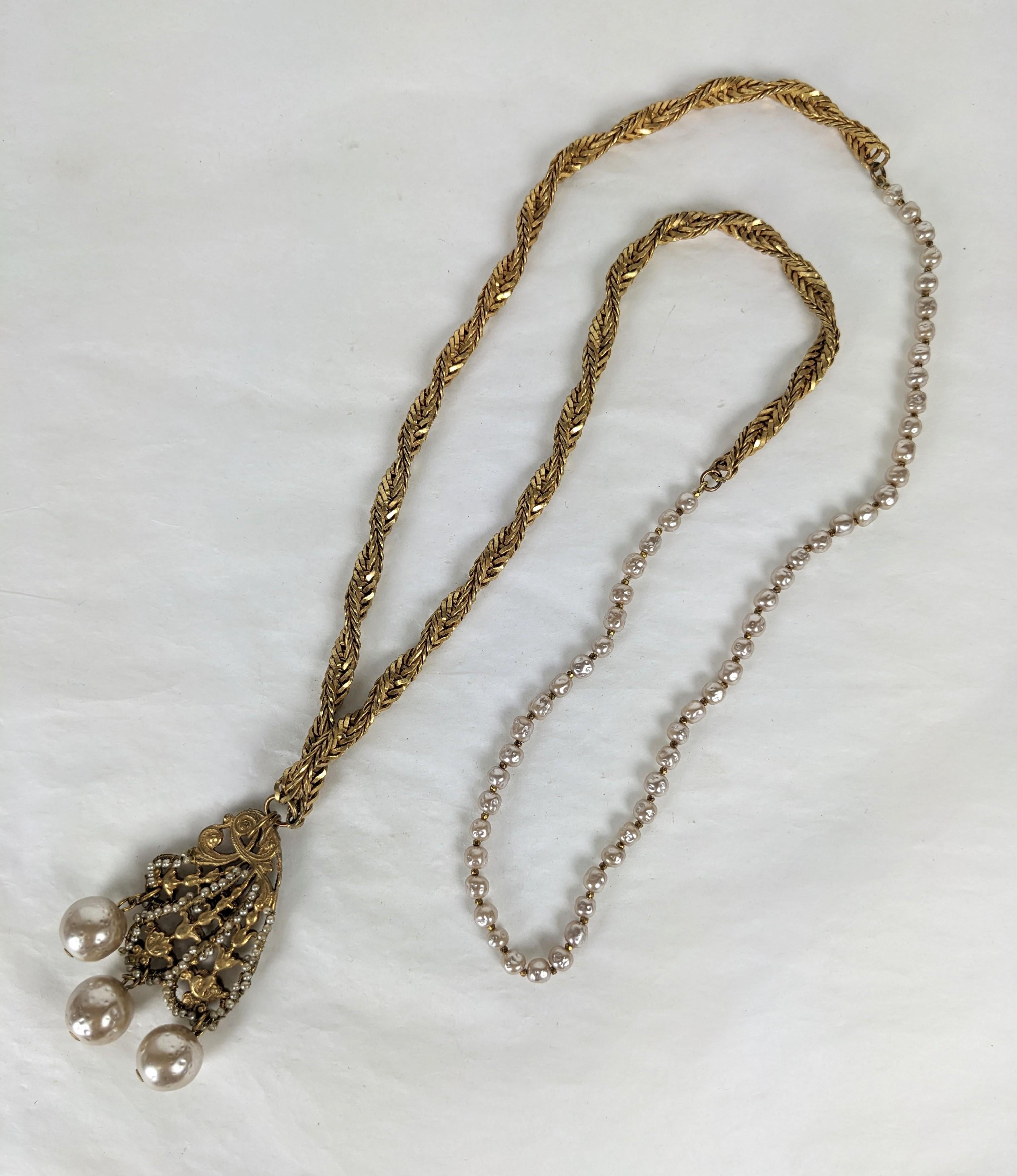 Art Nouveau Miriam Haskell Pearl and Gilt Pendant Necklace For Sale
