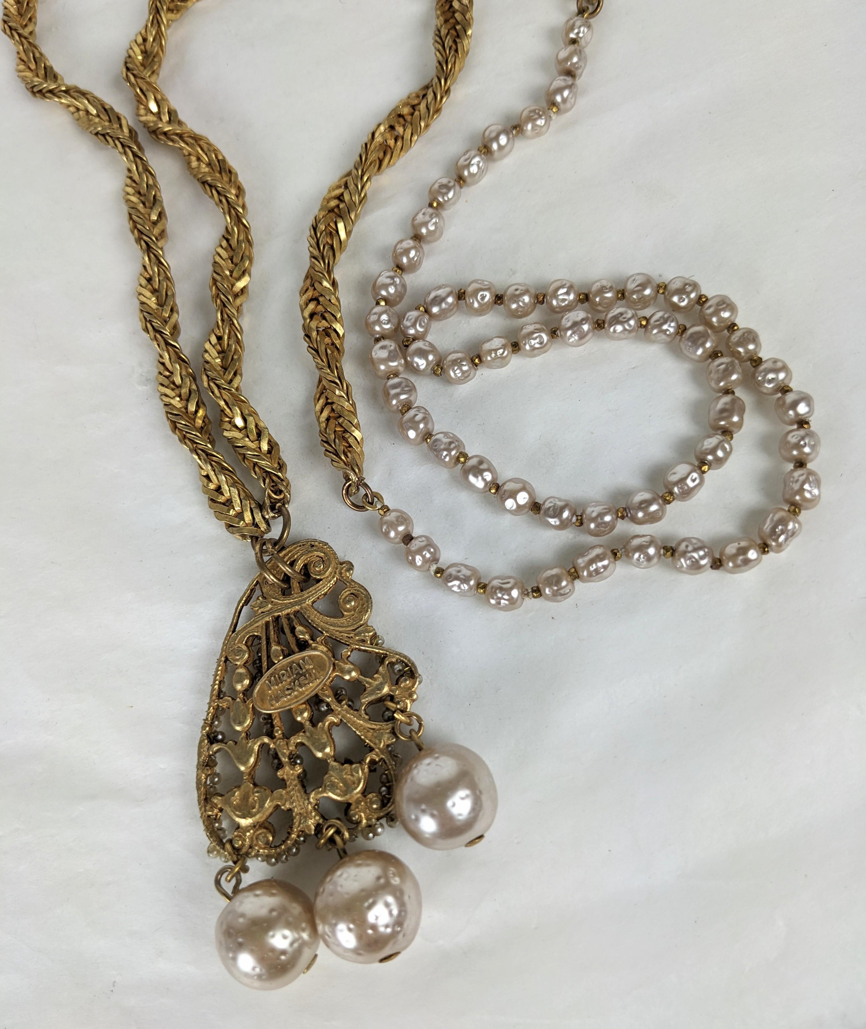 Women's Miriam Haskell Pearl and Gilt Pendant Necklace For Sale