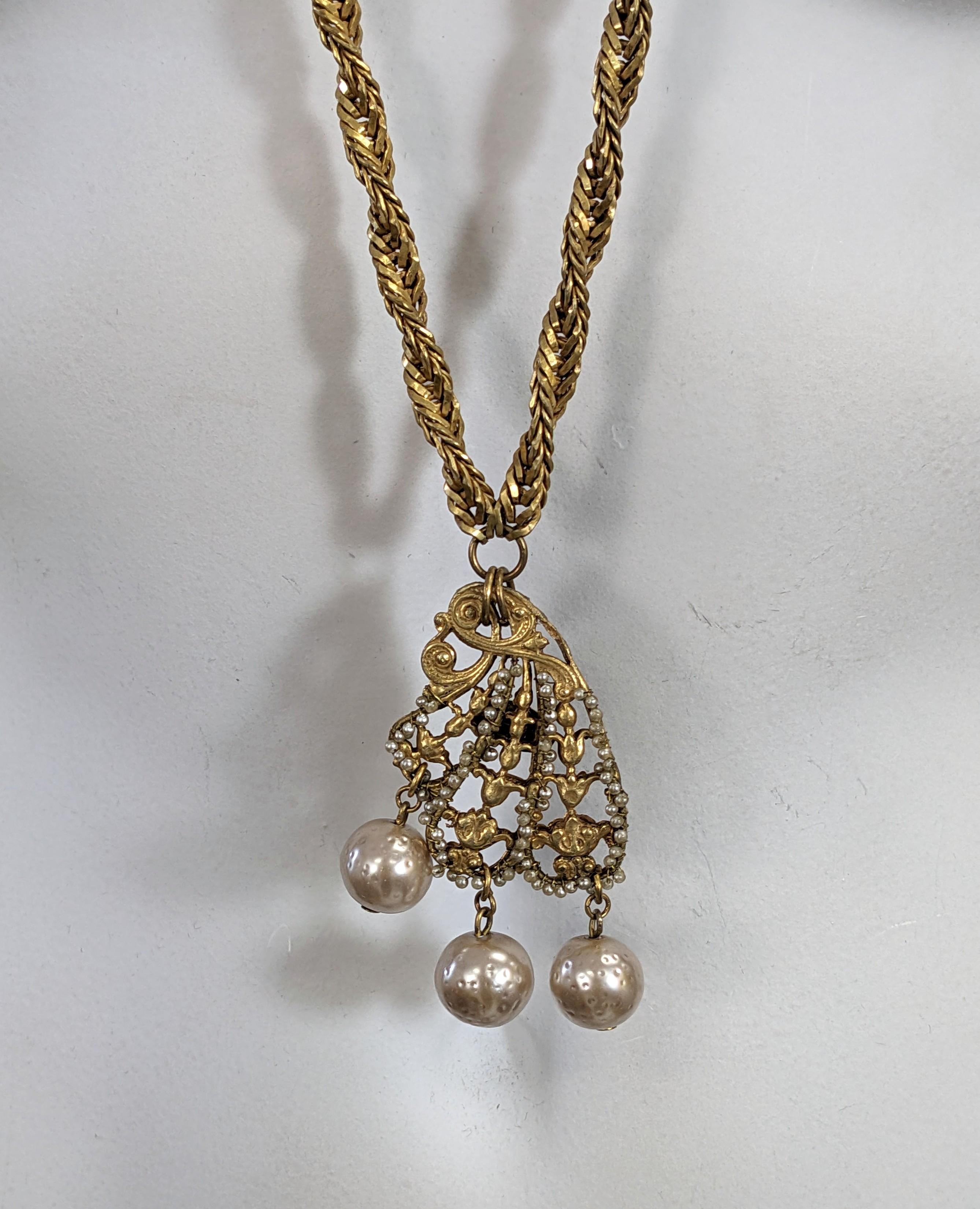 Miriam Haskell Pearl and Gilt Pendant Necklace For Sale 1