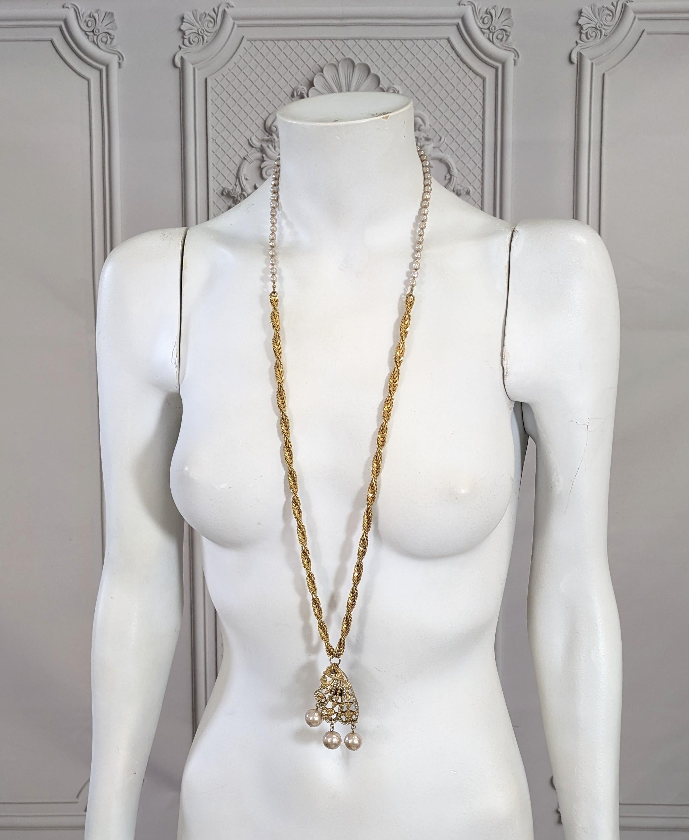 Miriam Haskell Pearl and Gilt Pendant Necklace For Sale 2