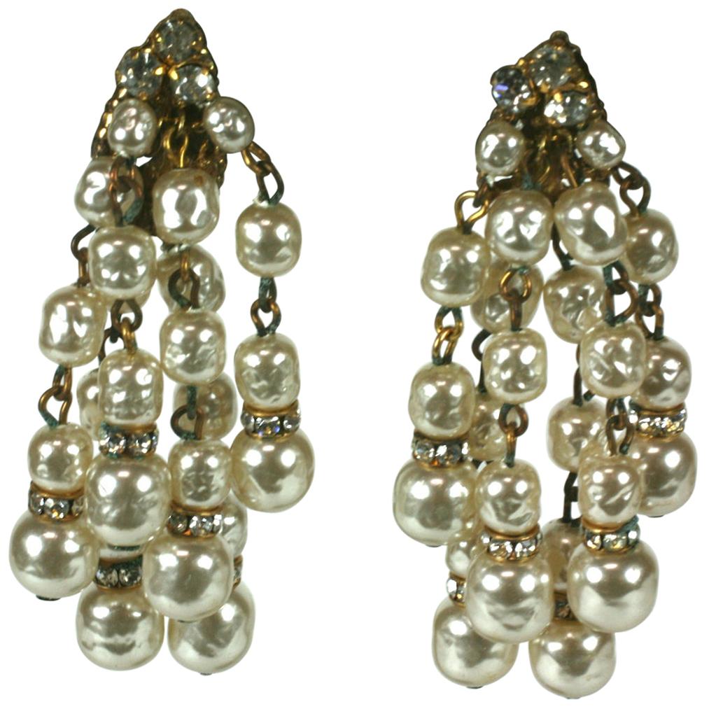 Miriam Haskell Pearl and Pave Waterfall Earclips