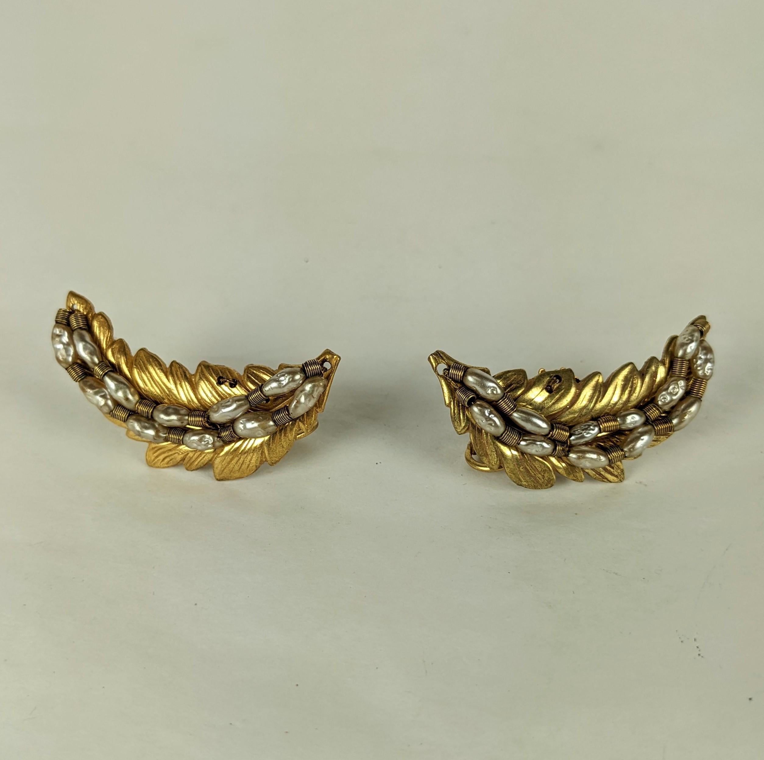 Miriam Haskell Pearl and Russian Gilt Fern Leaf Earclips In Good Condition In New York, NY