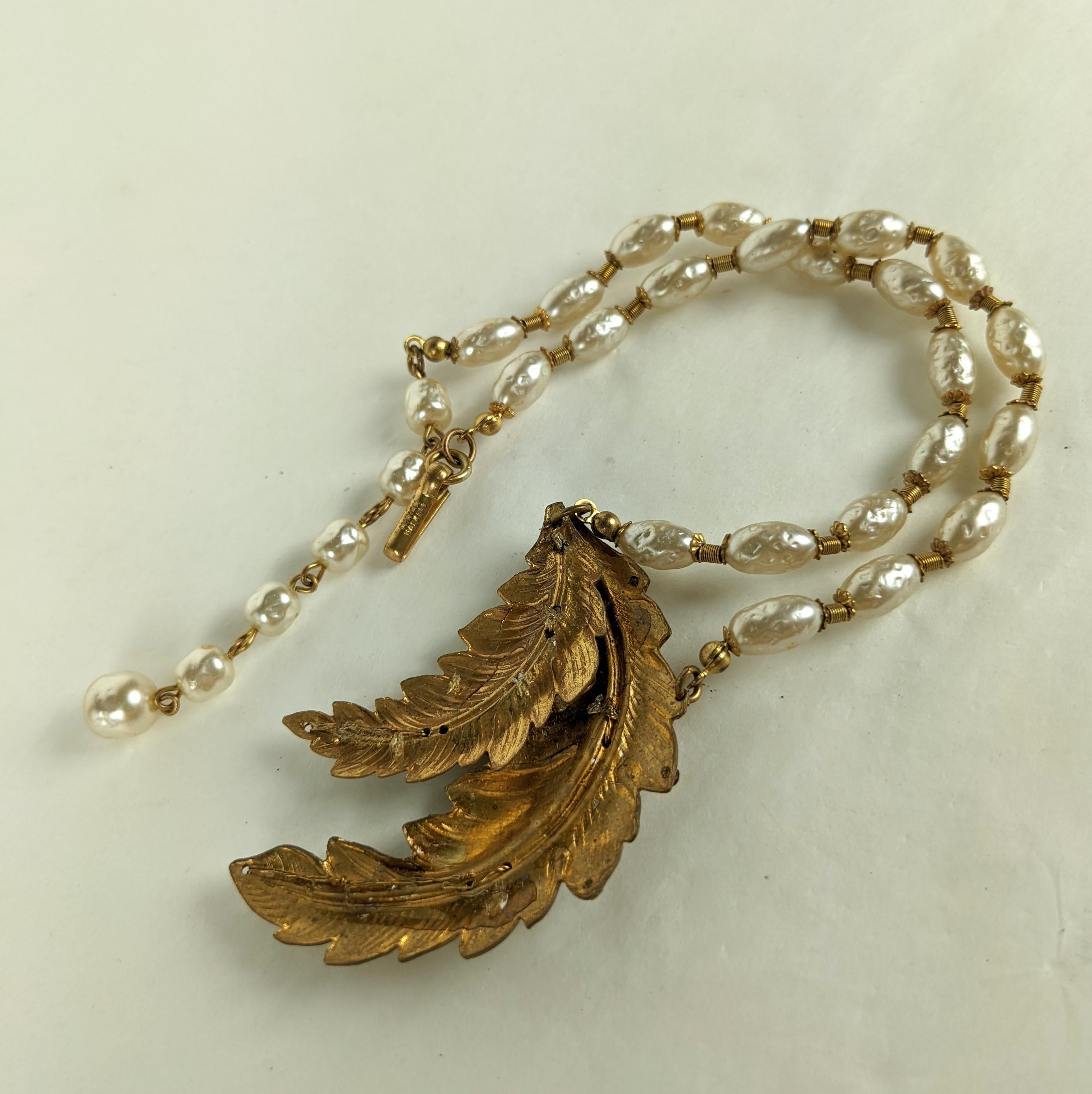 Miriam Haskell Pearl and Russian Gilt  Fern Leaf Necklace In Good Condition For Sale In New York, NY