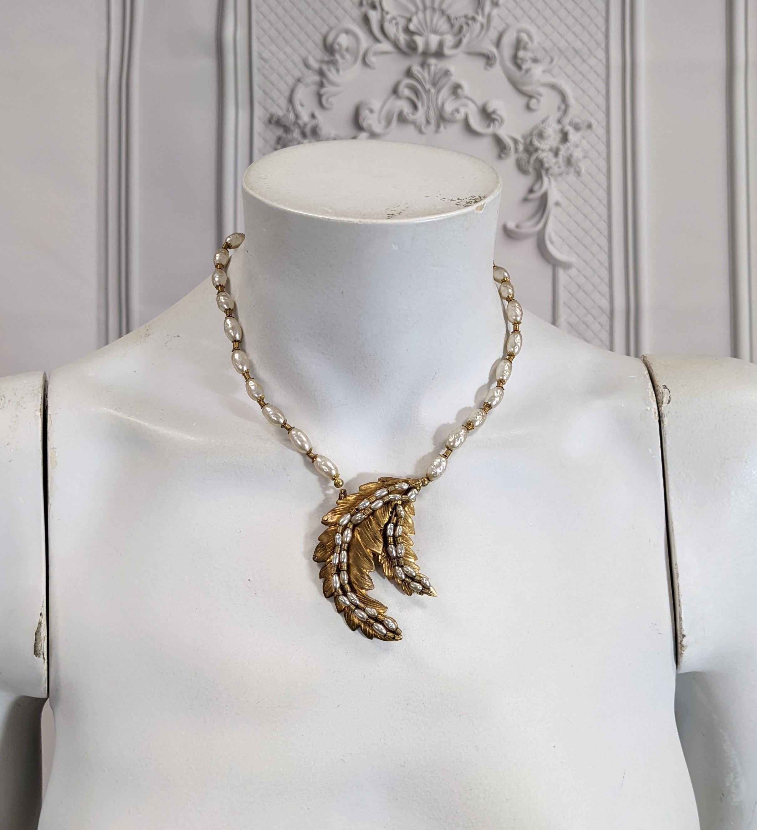 Women's or Men's Miriam Haskell Pearl and Russian Gilt  Fern Leaf Necklace For Sale